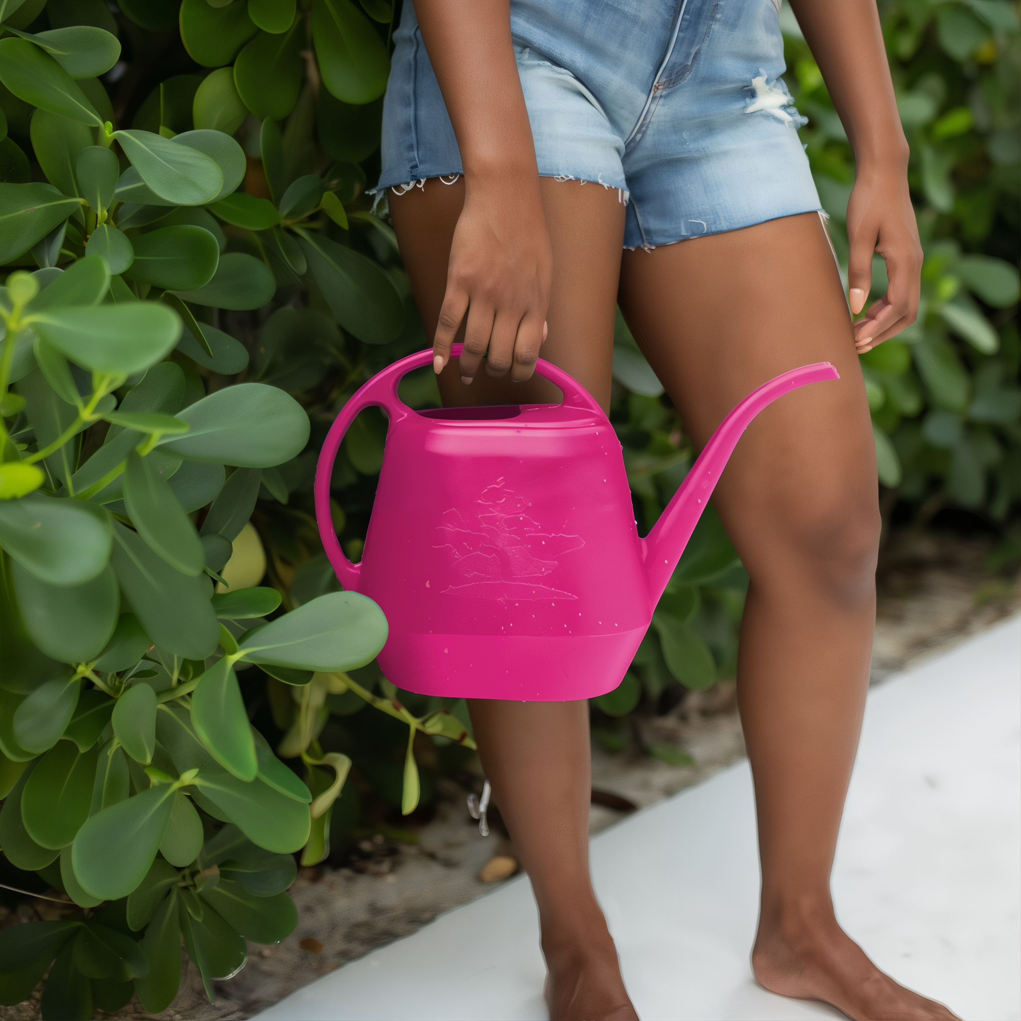Bloem Aqua Rite fuschia watering can with its long-stem spout, held in a garden, for precise watering of small and hard-to-reach plants