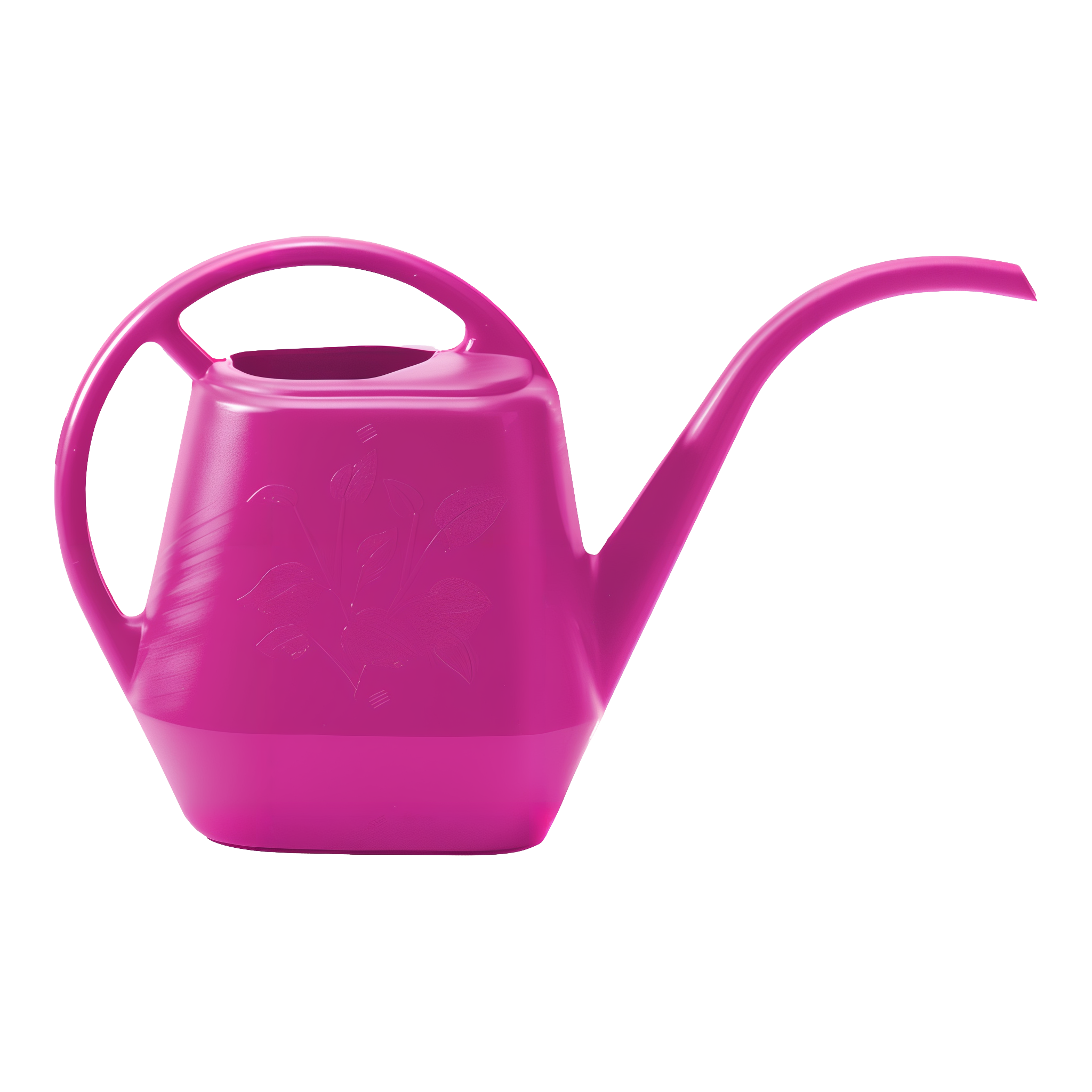 Bloem Aqua Rite Fuschia watering can, bright fuchsia plastic can with a long curved spout, loop handle, and embossed leaf design