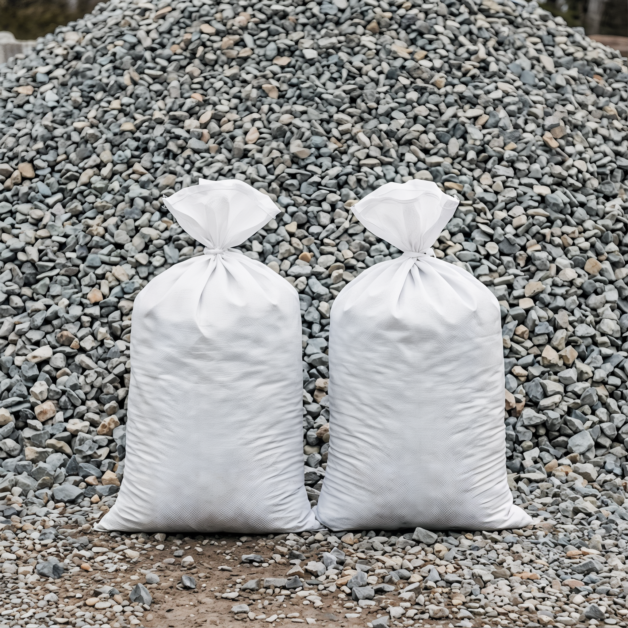 Blue Stone in 50 lb bags in front of a stone pile, 3/4 inch size
