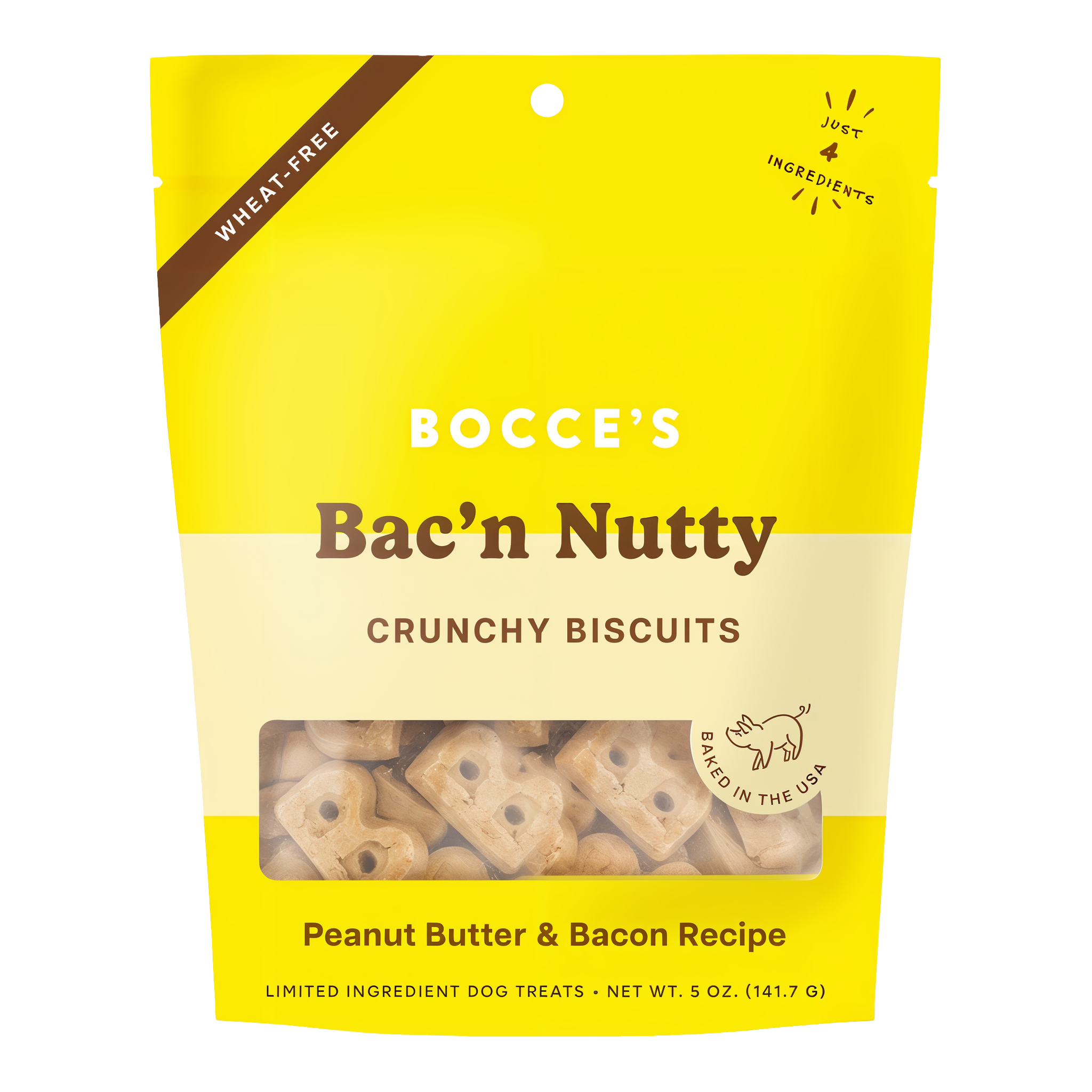 Bocce's Bakery Bac'n Nutty crunchy dog biscuits 5 oz bag front, peanut butter and bacon recipe