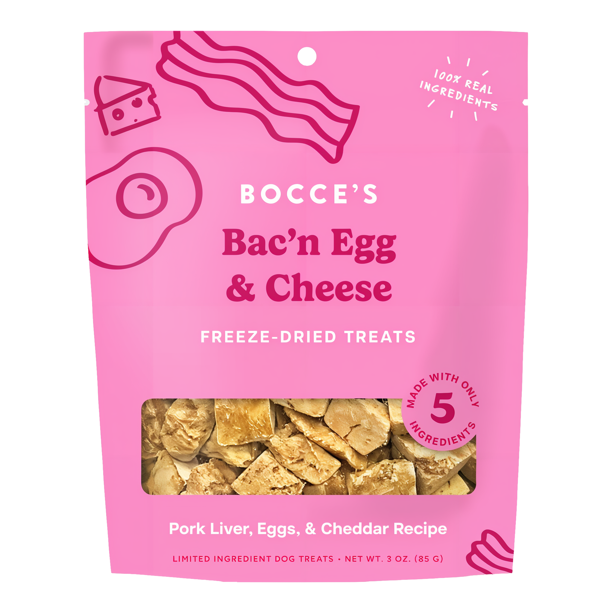 Bocce's Bakery Bac'n Egg & Cheese freeze-dried dog treats 3 oz pouch front, pork liver eggs and cheddar recipe