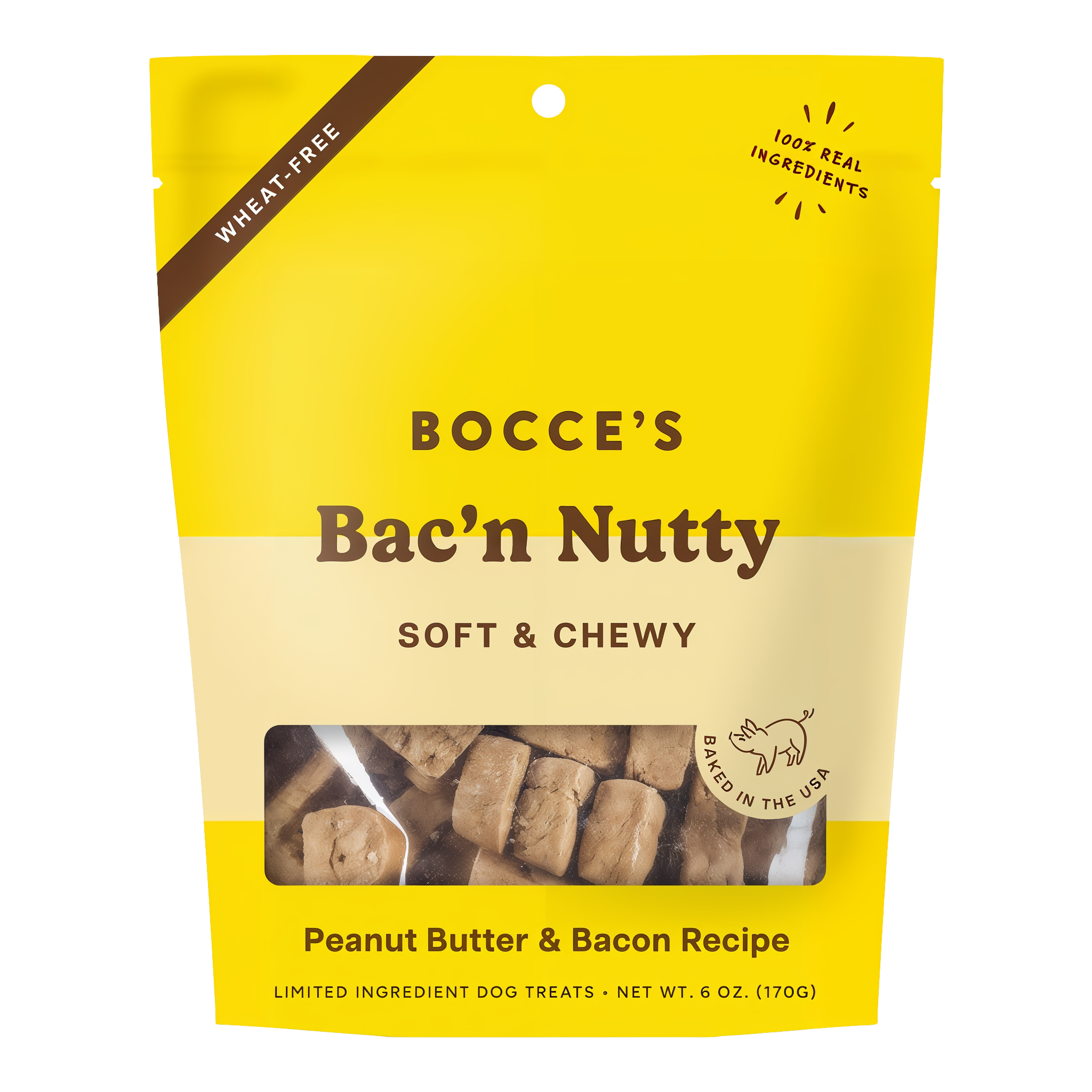 Bocce's Bakery Bac'n Nutty Soft & Chewy front of the 6 oz yellow pouch, peanut butter and bacon recipe marked wheat-free with 100 percent real ingredients and baked in the USA