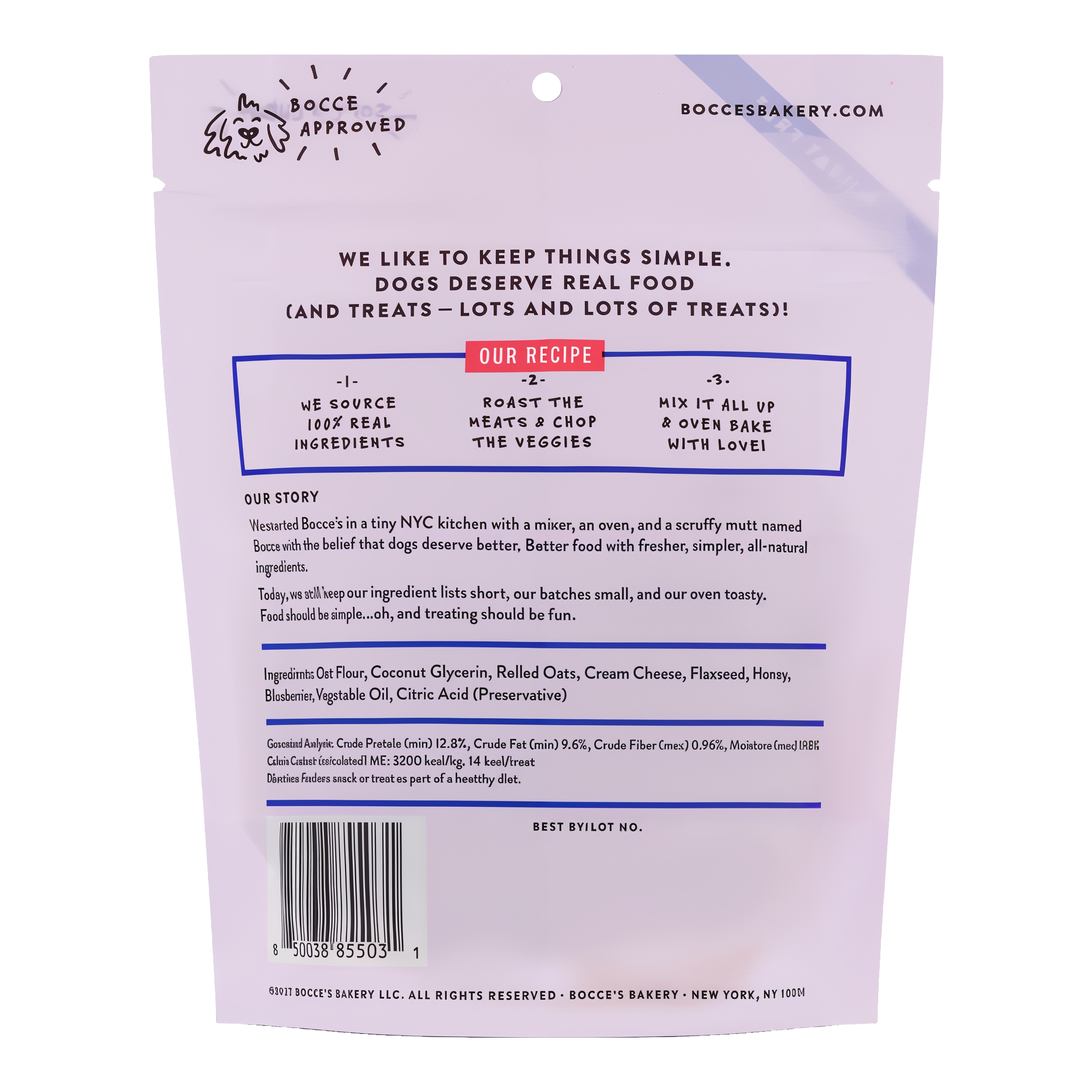 Back of the Bocce's Bakery Berries & Cream Soft & Chewy pouch showing the ingredient list, guaranteed analysis, 14 kcal per treat calorie content and feeding directions