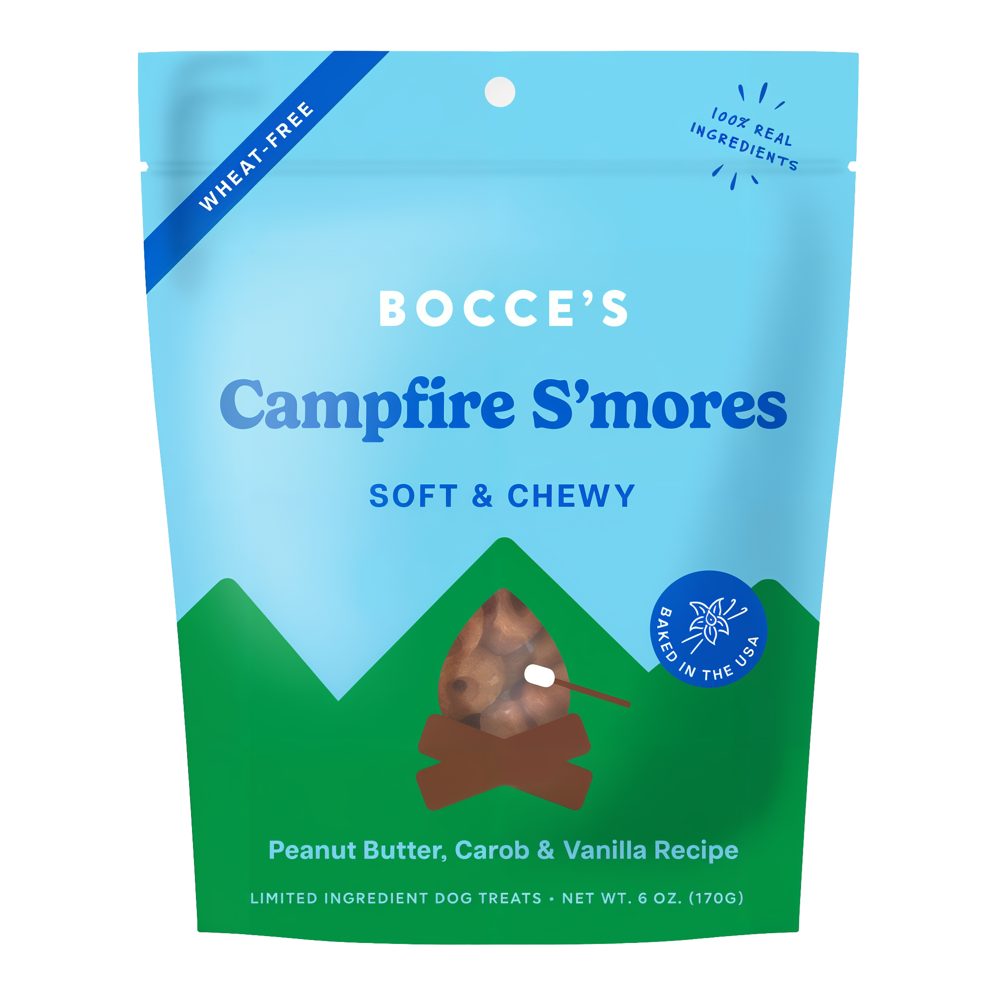 Bocce's Bakery Campfire S'mores soft and chewy dog treats 6 oz pouch front, peanut butter carob and vanilla recipe