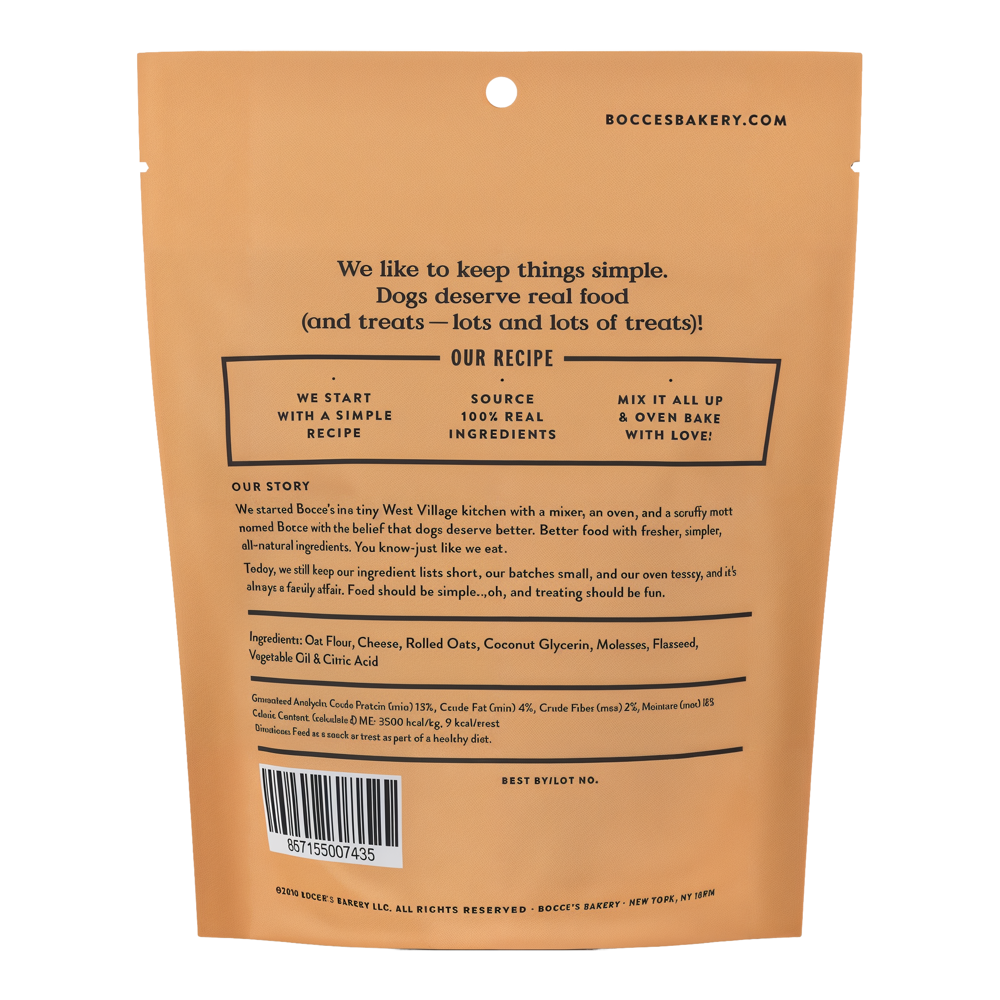 Back of the Bocce's Bakery Cheese Soft & Chewy pouch showing the cheese ingredient list, guaranteed analysis, 9 kcal per treat calorie content and feeding directions