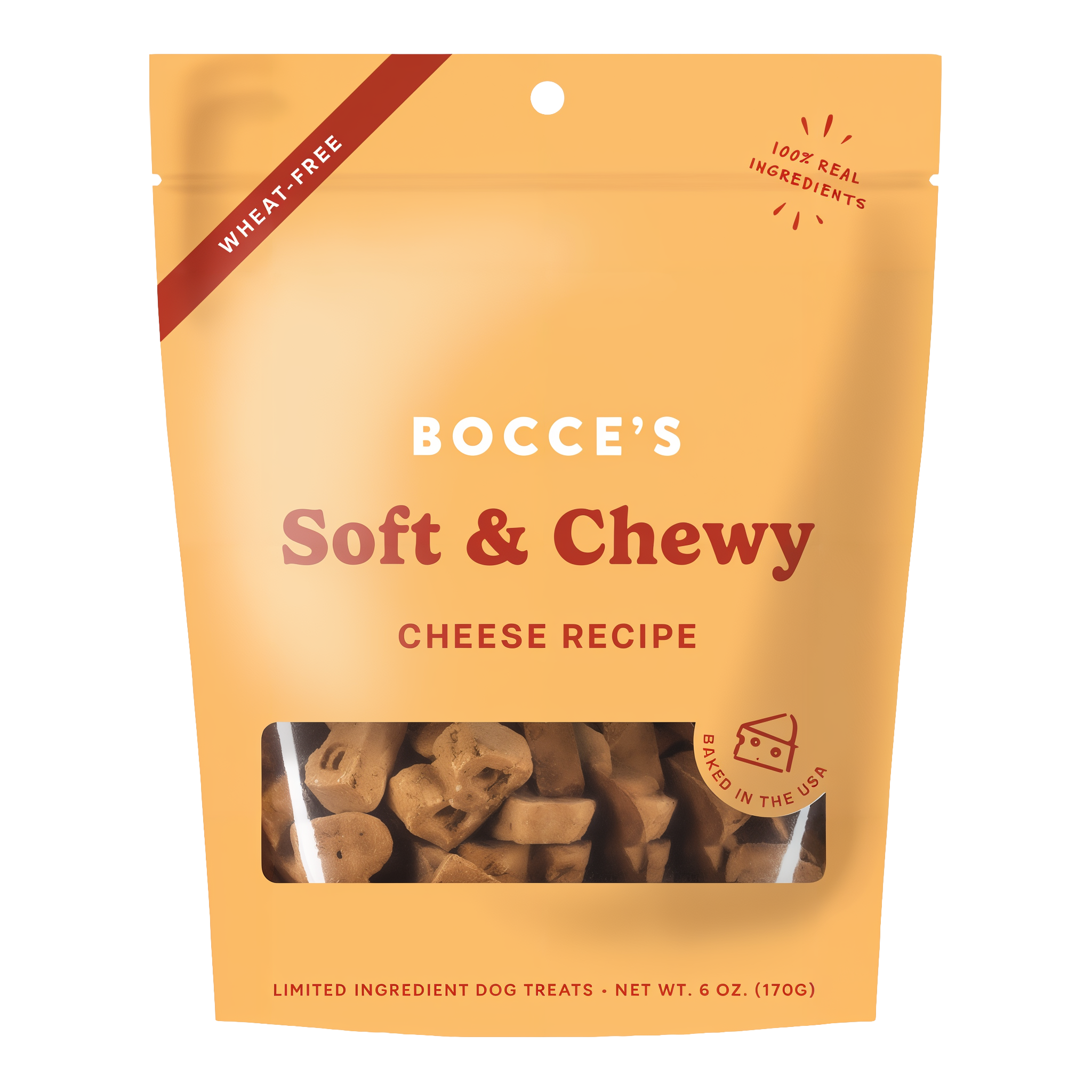 Bocce's Bakery Soft & Chewy Cheese Recipe front of the 6 oz orange pouch, limited ingredient dog treats marked wheat-free with 100 percent real ingredients and baked in the USA