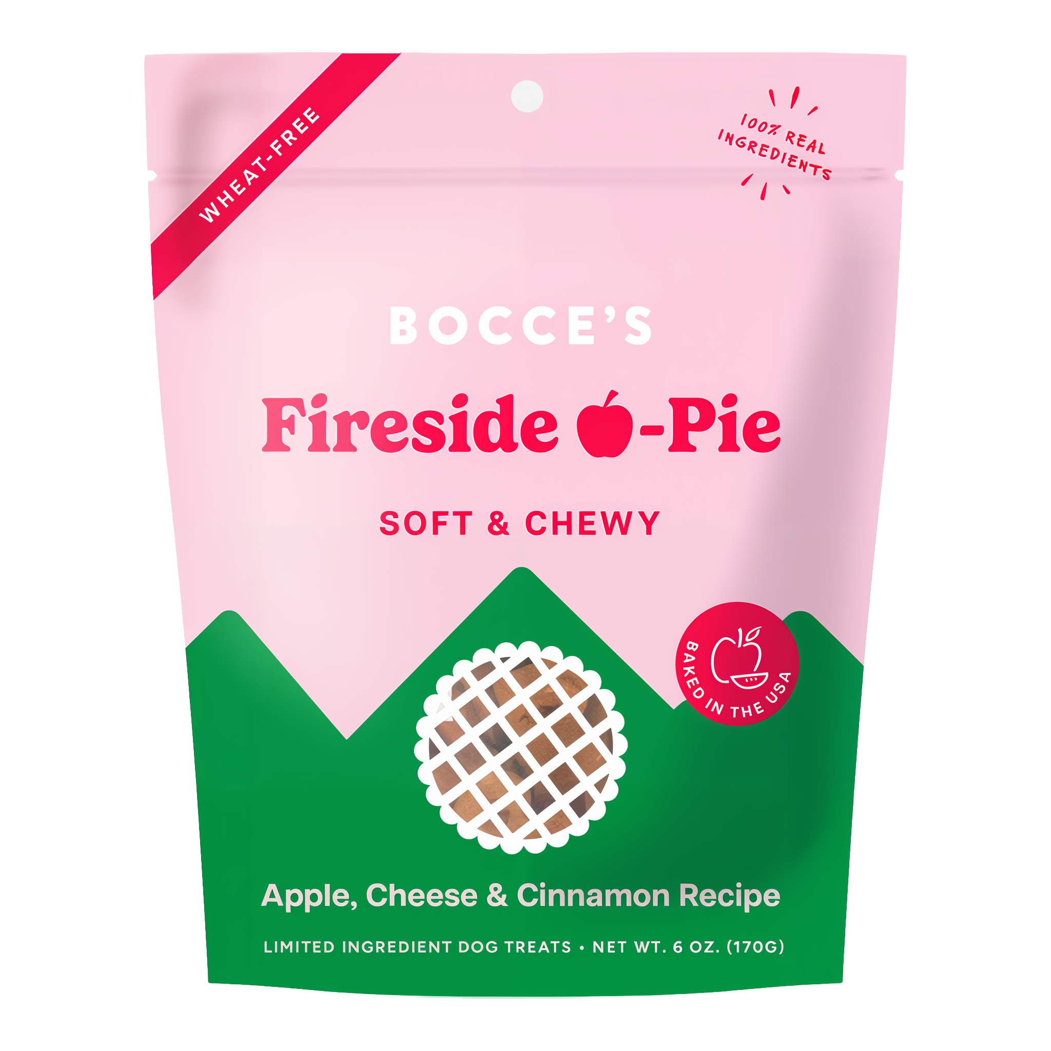 Bocce's Bakery Fireside Apple Pie soft and chewy dog treats 6 oz pouch front, apple cheese and cinnamon recipe