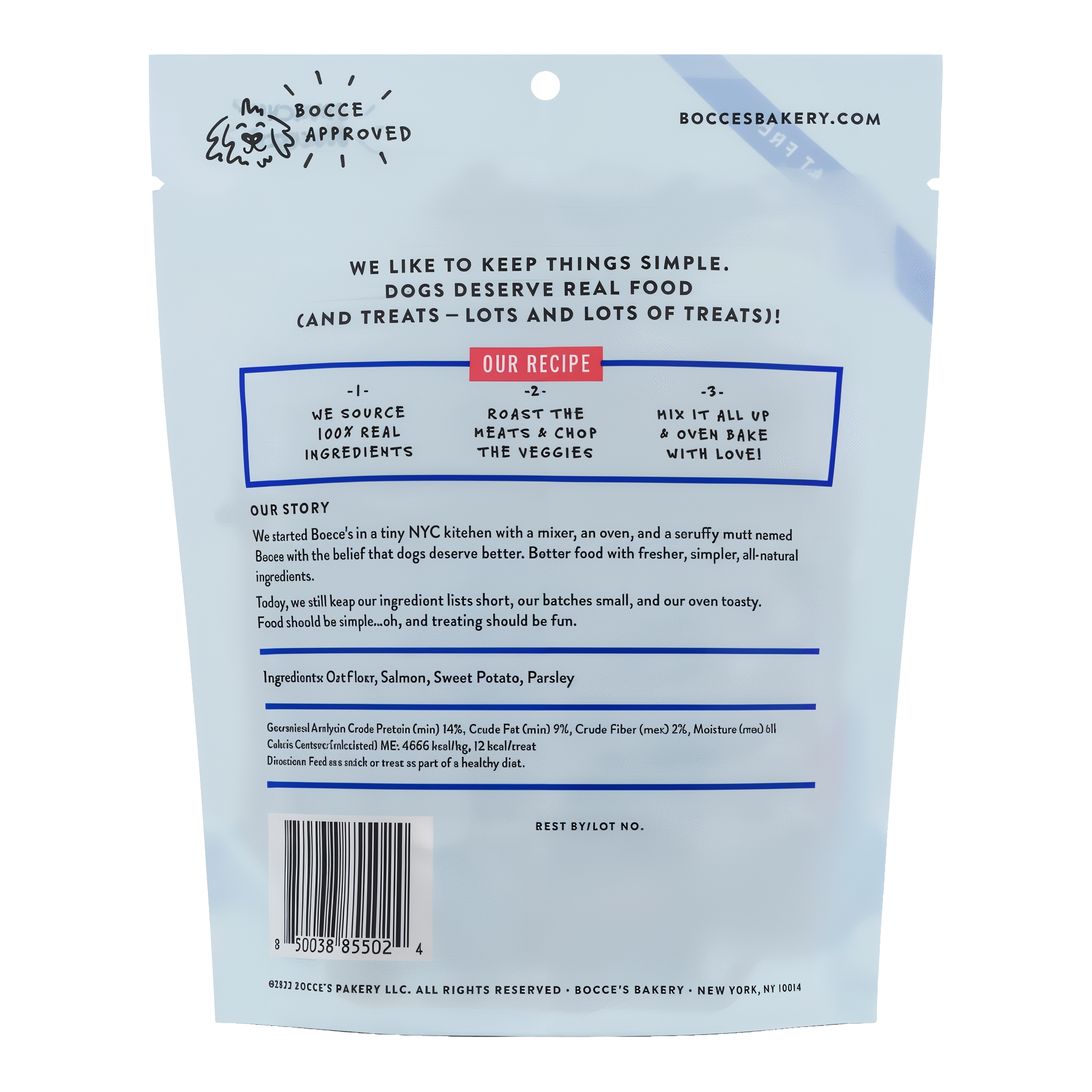 Bocce's Bakery Fish & Chips Summer Biscuits back panel with ingredients and guaranteed analysis