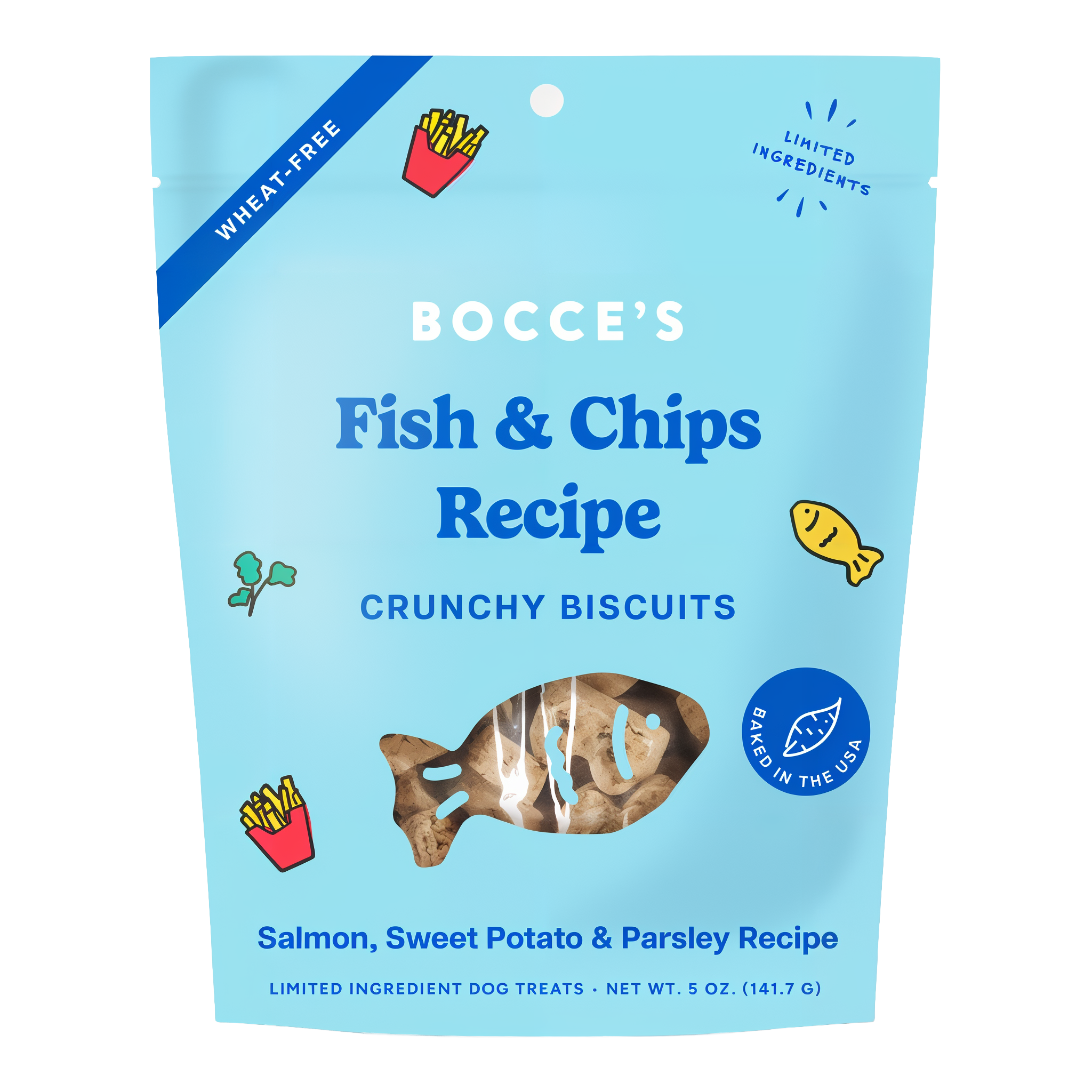 Bocce's Bakery Fish & Chips Summer Biscuits 5 oz pouch front