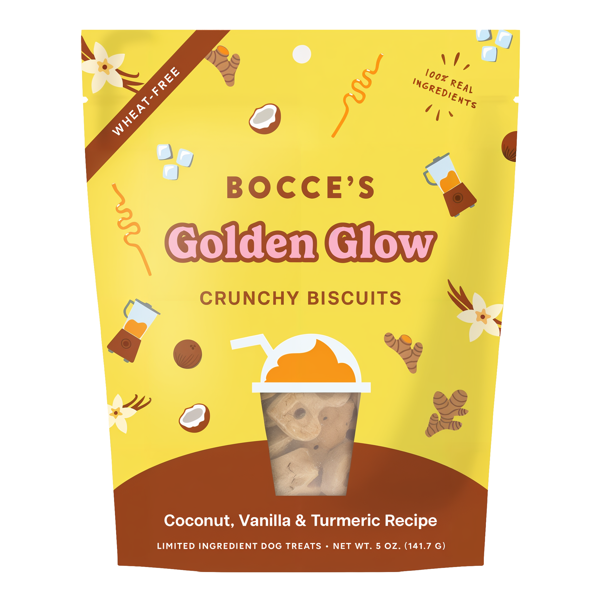 Bocce's Bakery Golden Glow coconut vanilla and turmeric crunchy dog biscuits 5 oz pouch front