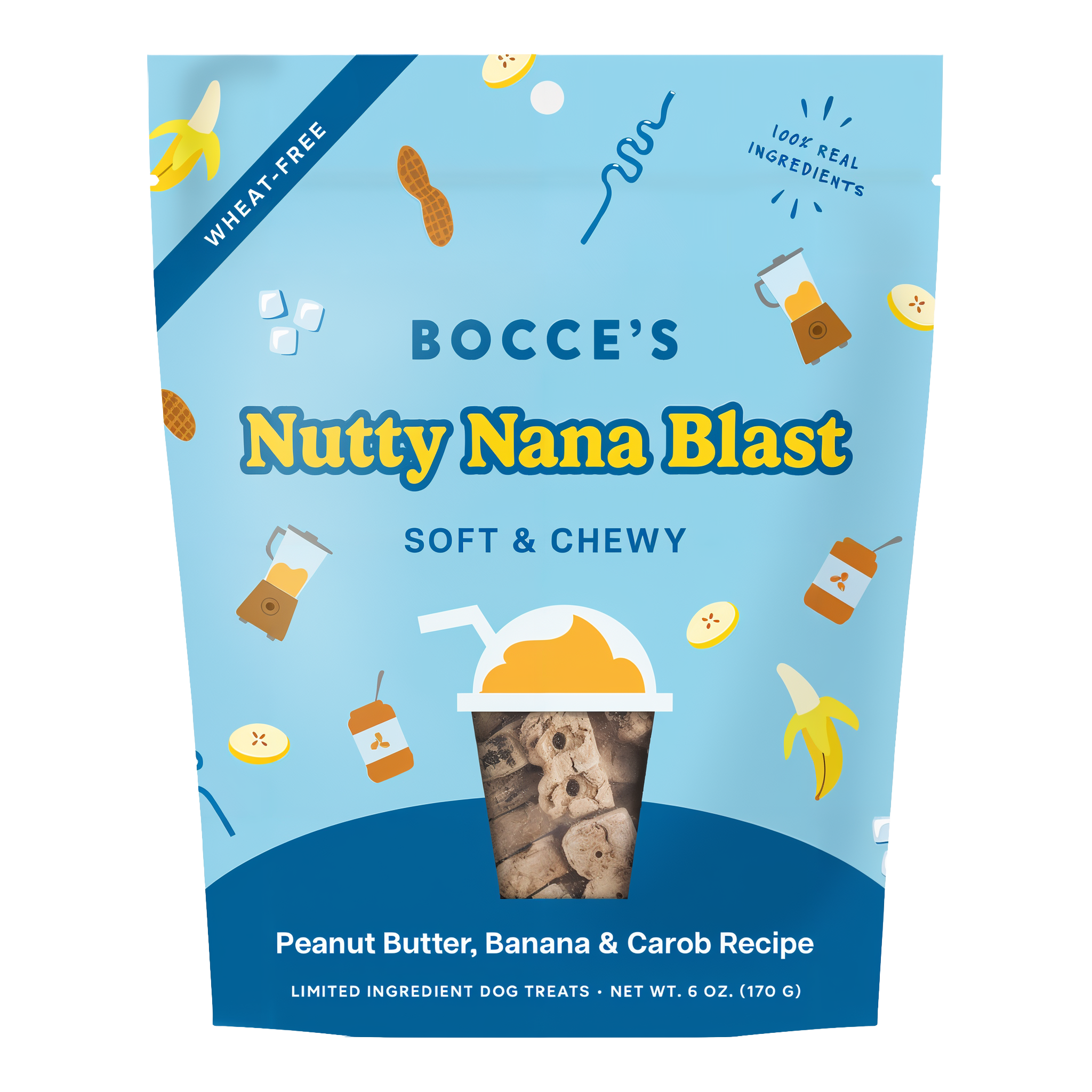 Bocce's Bakery Nutty Nana Blast Shake soft and chewy dog treats 6 oz pouch front, peanut butter banana and carob recipe
