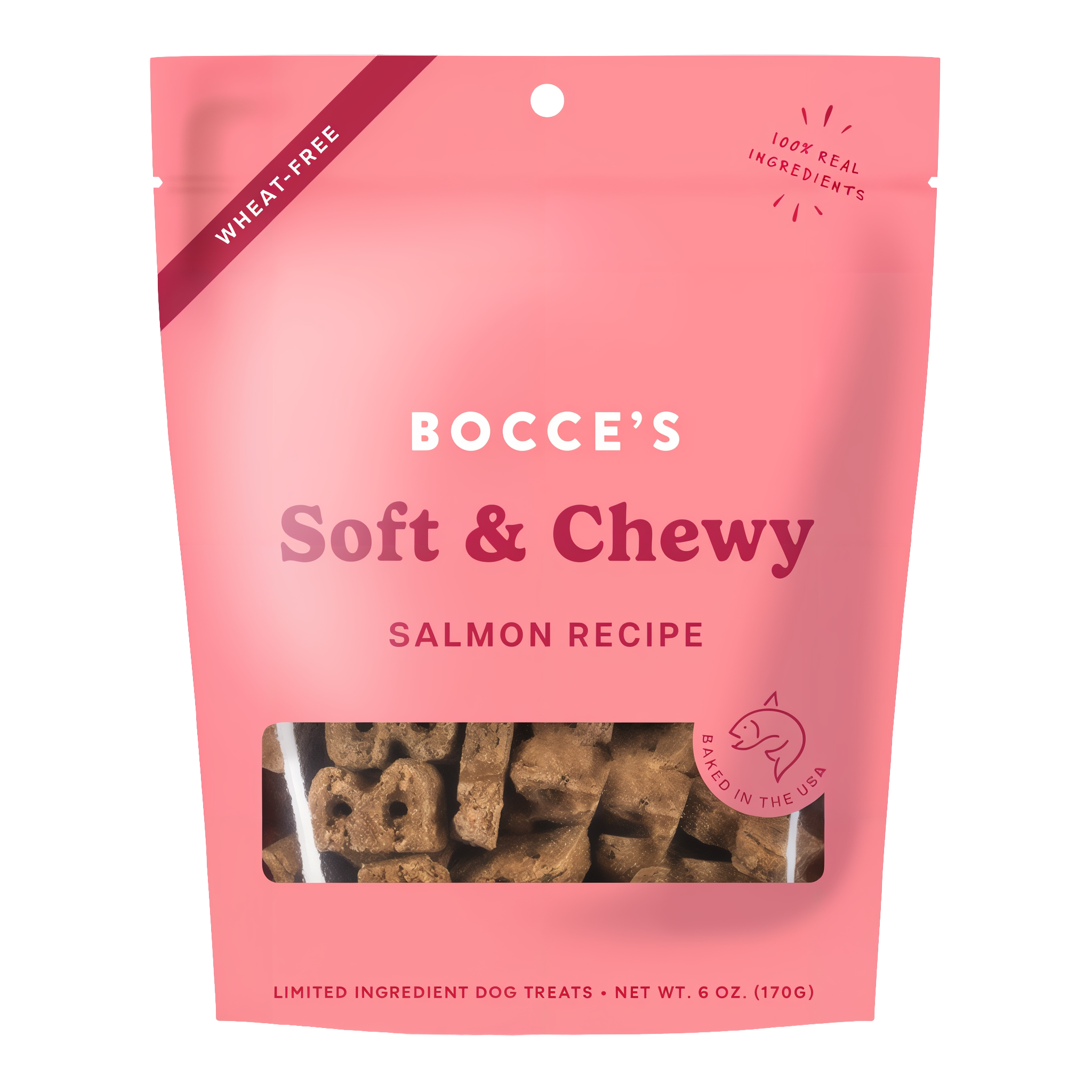 Bocce's Bakery Soft & Chewy Salmon Recipe front of the 6 oz pink pouch, limited ingredient dog treats marked wheat-free with 100 percent real ingredients and baked in the USA
