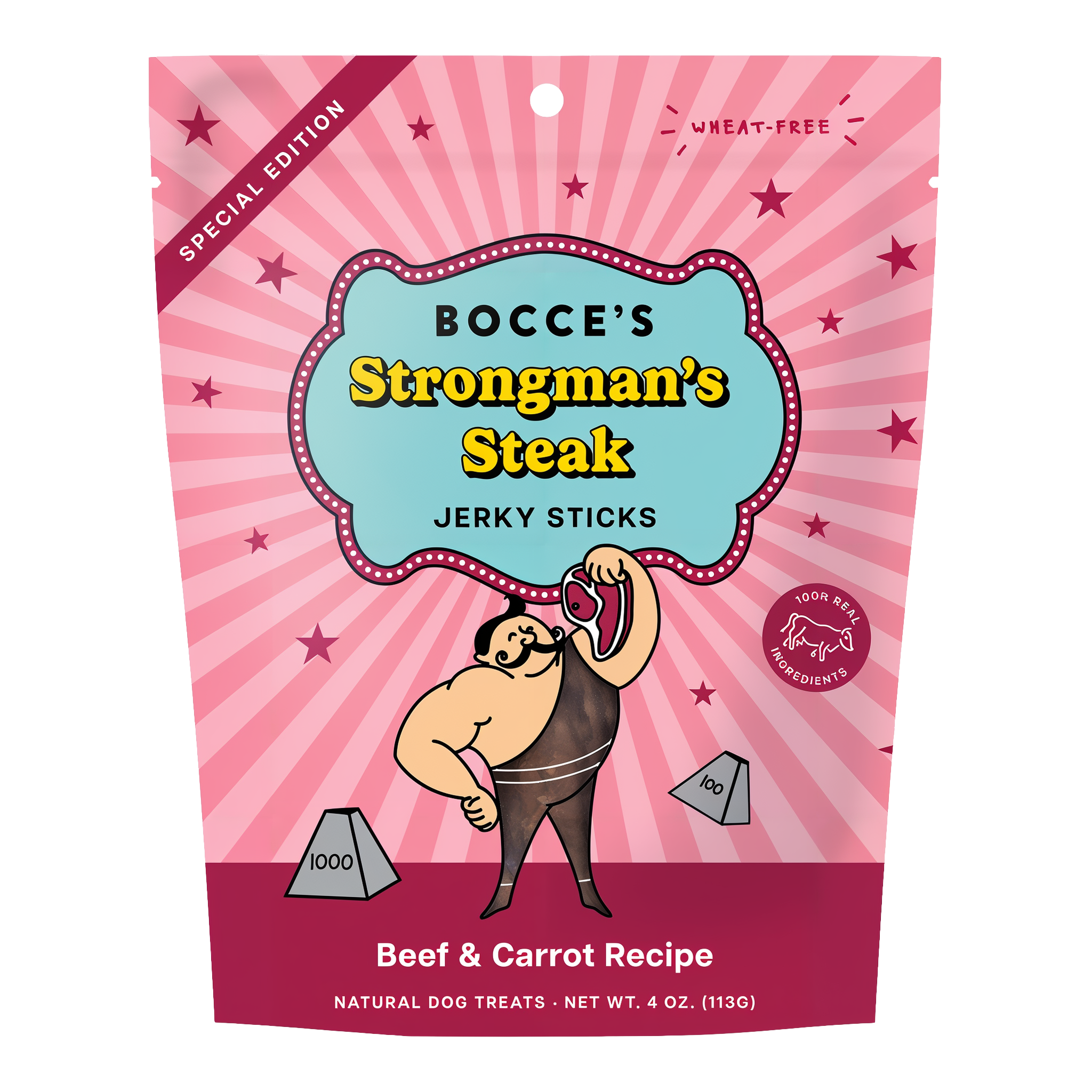 Bocce's Bakery Strongman's Steak beef and carrot jerky sticks 4 oz pouch front