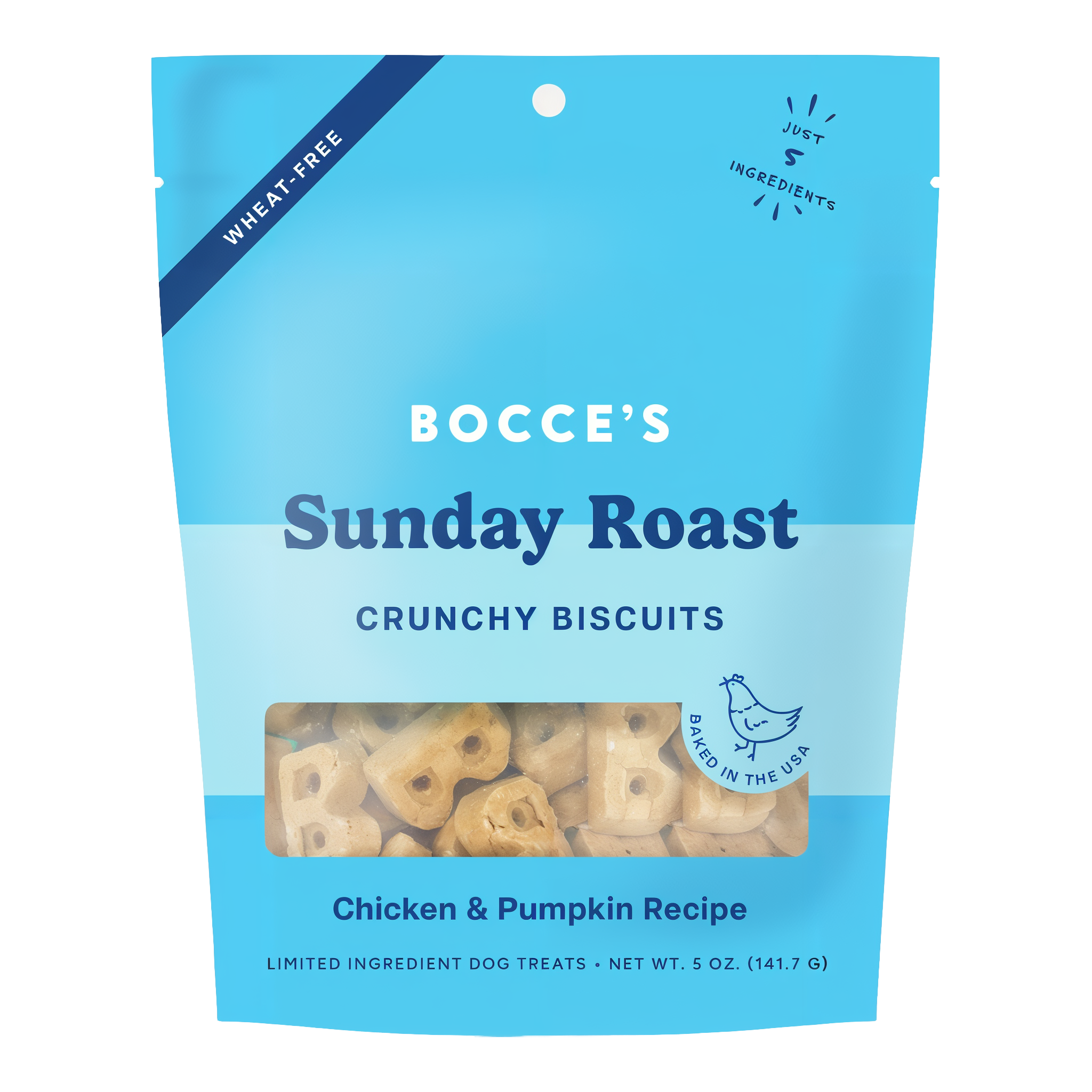 Bocce's Bakery Sunday Roast Everyday Biscuits front of the 5 oz blue pouch, chicken and pumpkin recipe crunchy biscuits marked wheat-free with just 5 ingredients and baked in the USA