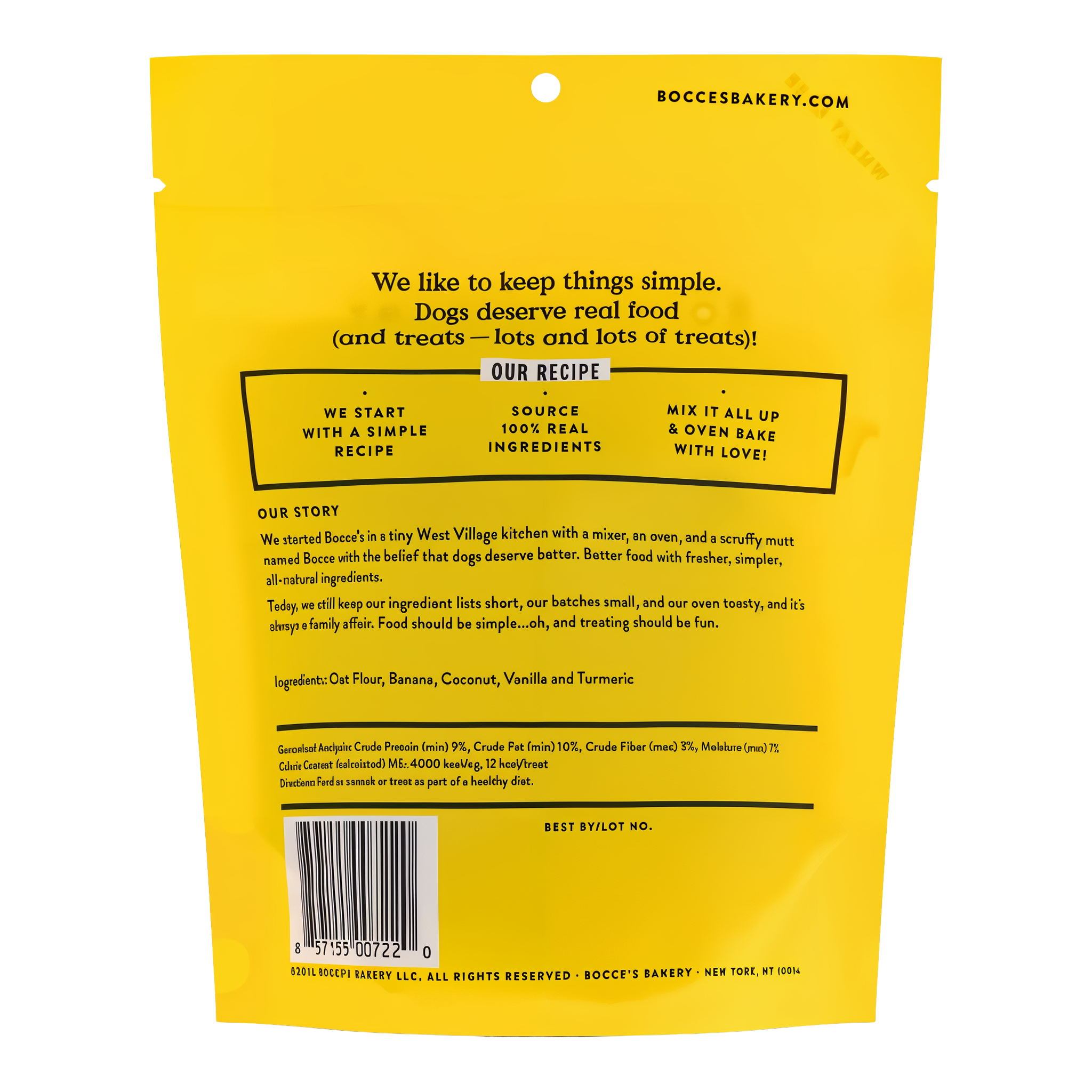 Turmeric Latte biscuit pouch back panel with ingredients, guaranteed analysis and feeding directions