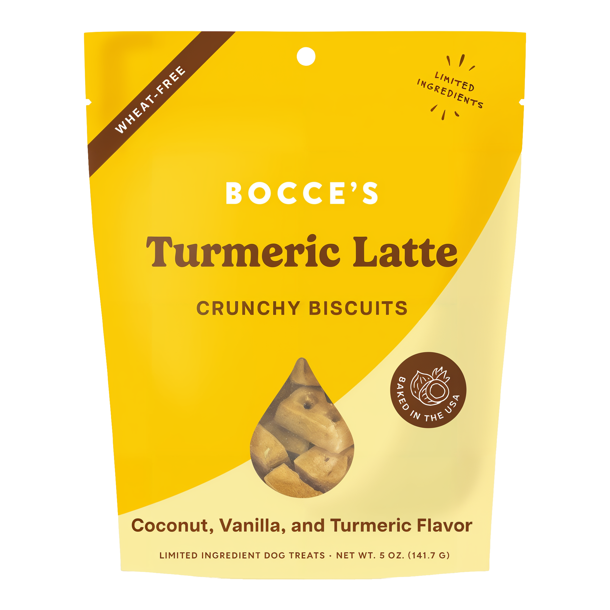 Bocce's Bakery Turmeric Latte crunchy biscuits 5 oz pouch front, coconut vanilla and turmeric flavor dog treats