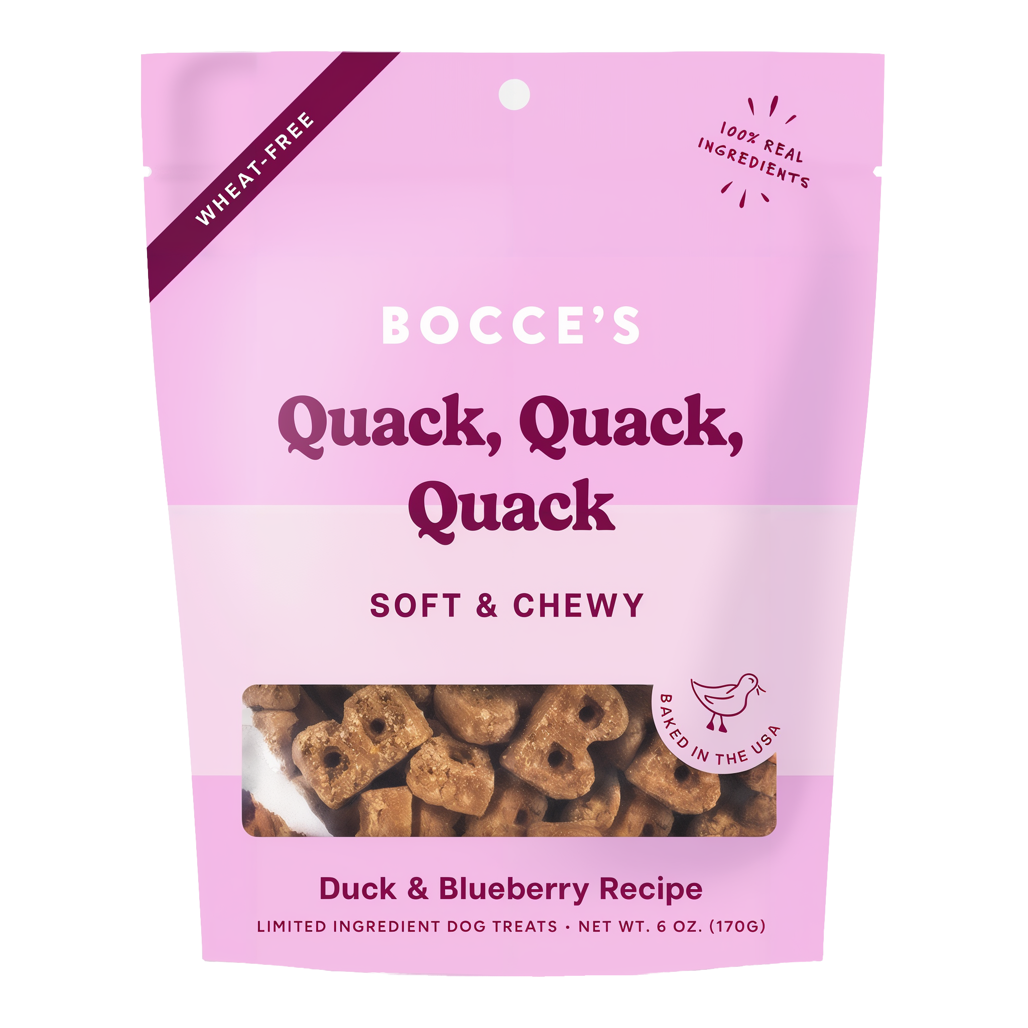 Bocce's Bakery Quack, Quack, Quack soft & chewy dog treats 6 oz bag front, duck and blueberry recipe