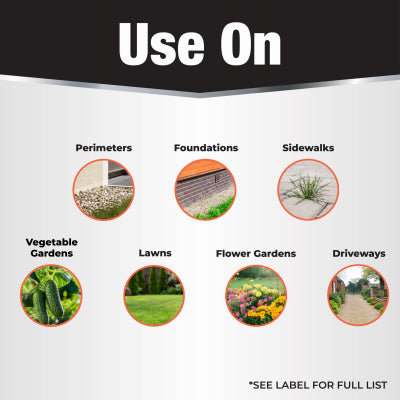 Bonide Termite & Carpenter Ant Killer use-on infographic showing application areas perimeters foundations sidewalks vegetable gardens lawns flower gardens driveways