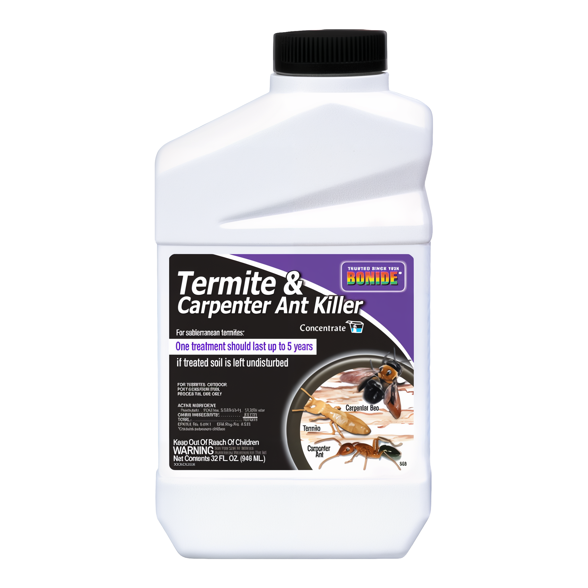 Bonide 568 Termite & Carpenter Ant Killer Concentrate 32 fl oz white plastic bottle with purple and black current-packaging Bonide label, Permethrin 13.30 percent EPA Reg 4-349-9086, target insects carpenter bee termite carpenter ant 5-year subterranean termite residual