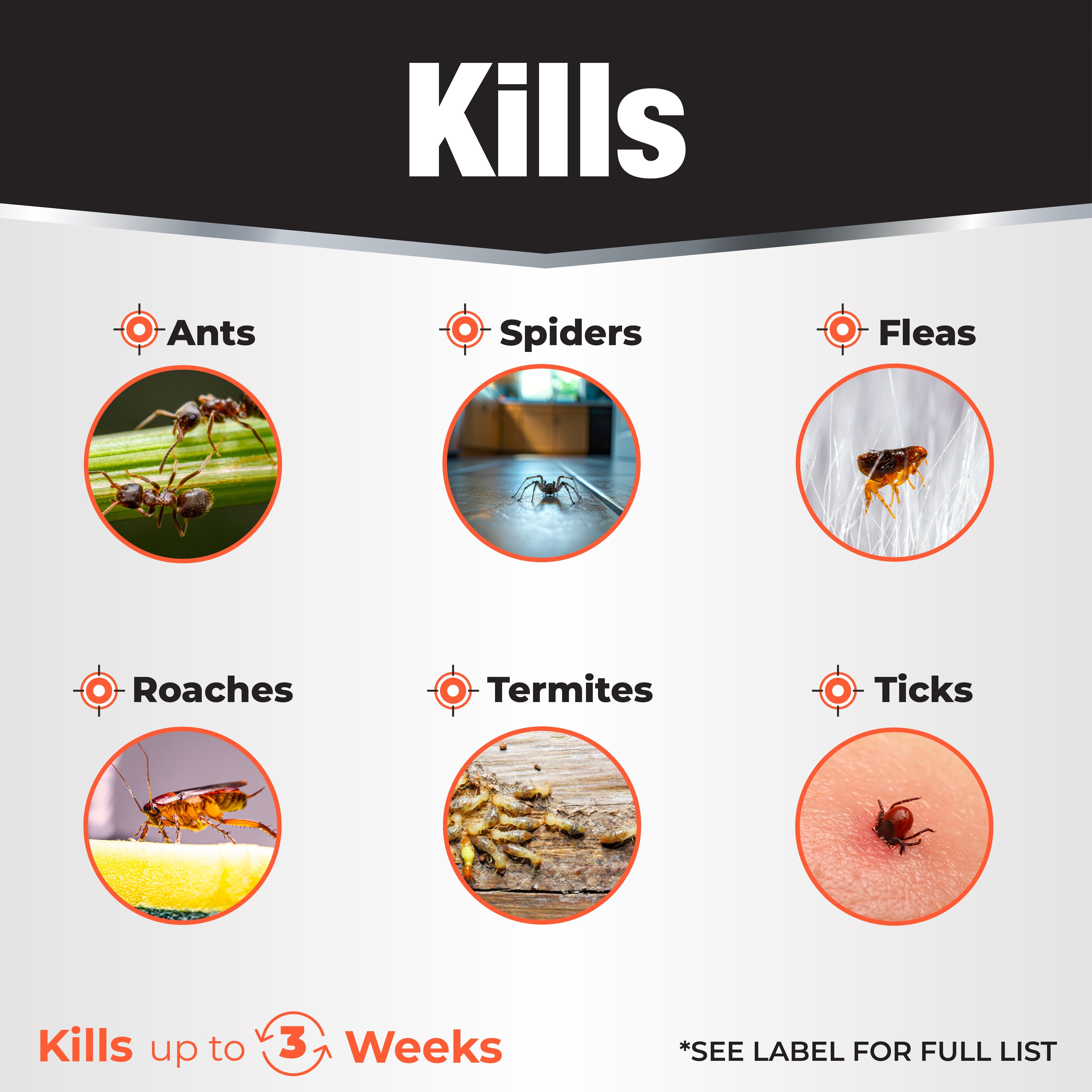 Bonide REVENGE Termite & Carpenter Ant aerosol Kills infographic showing target pests ants spiders fleas roaches termites ticks with kills up to 3 weeks residual