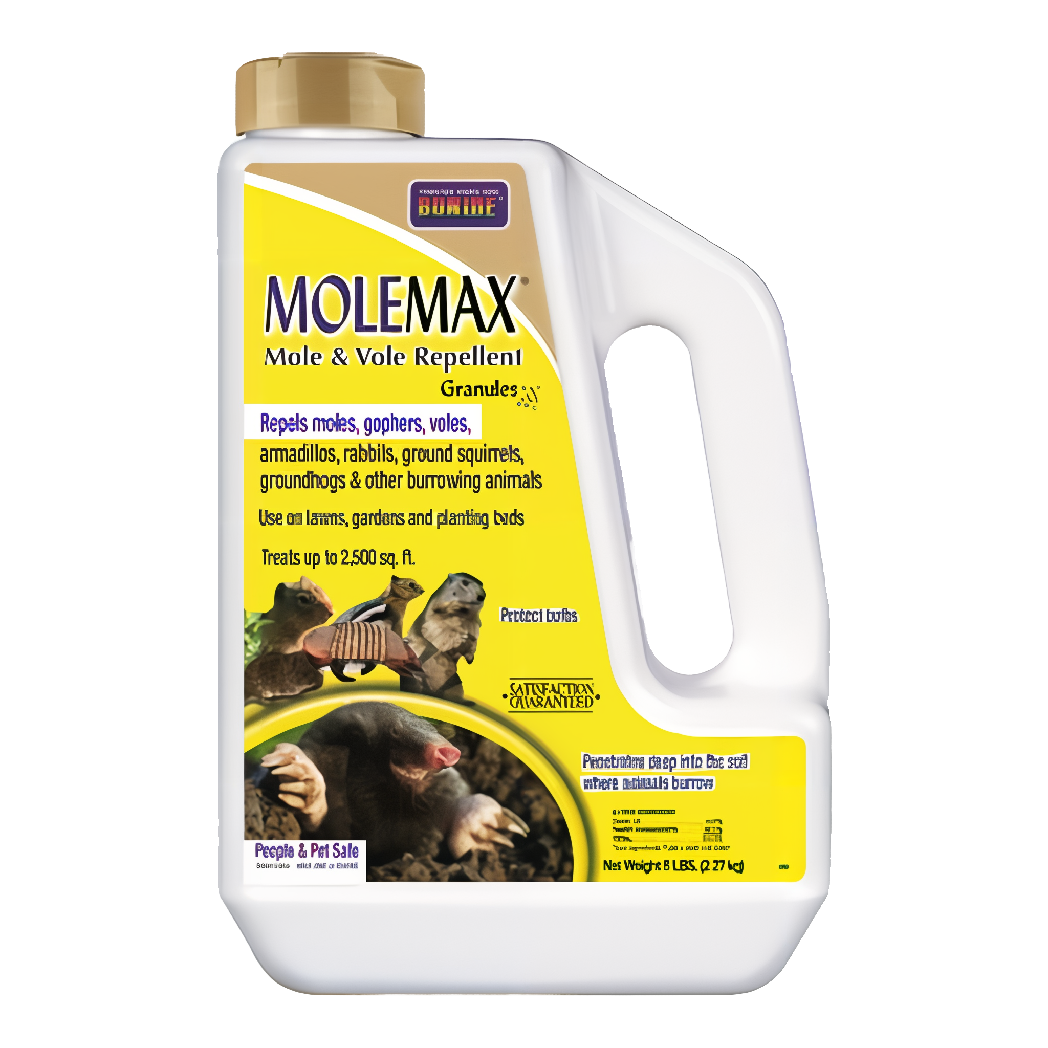 Bonide MoleMax Mole & Vole Repellent Granules, 5 lb size for lawn and garden.