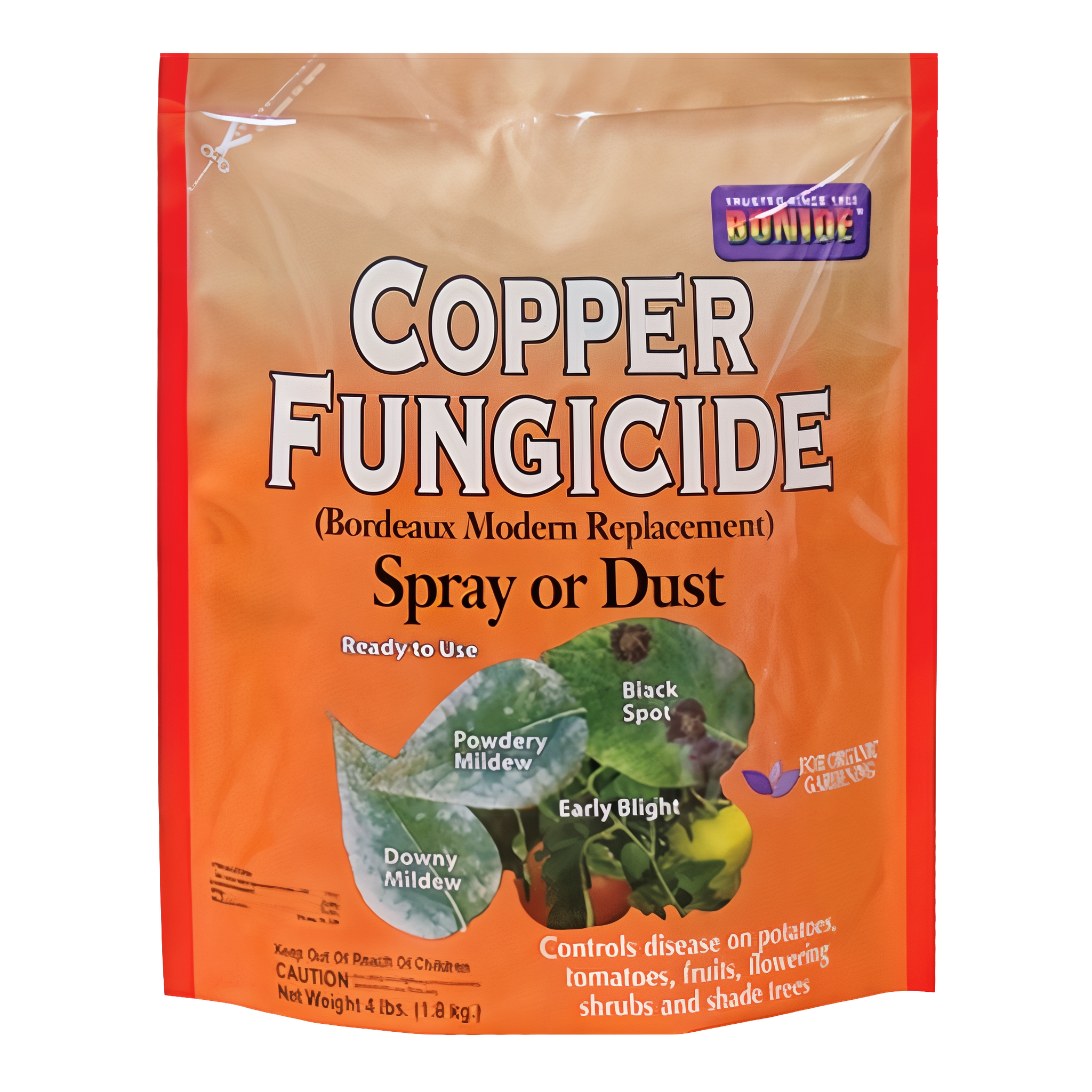 Bonide Copper Sulfate Fungicide in a four pound container for lawn and garden.