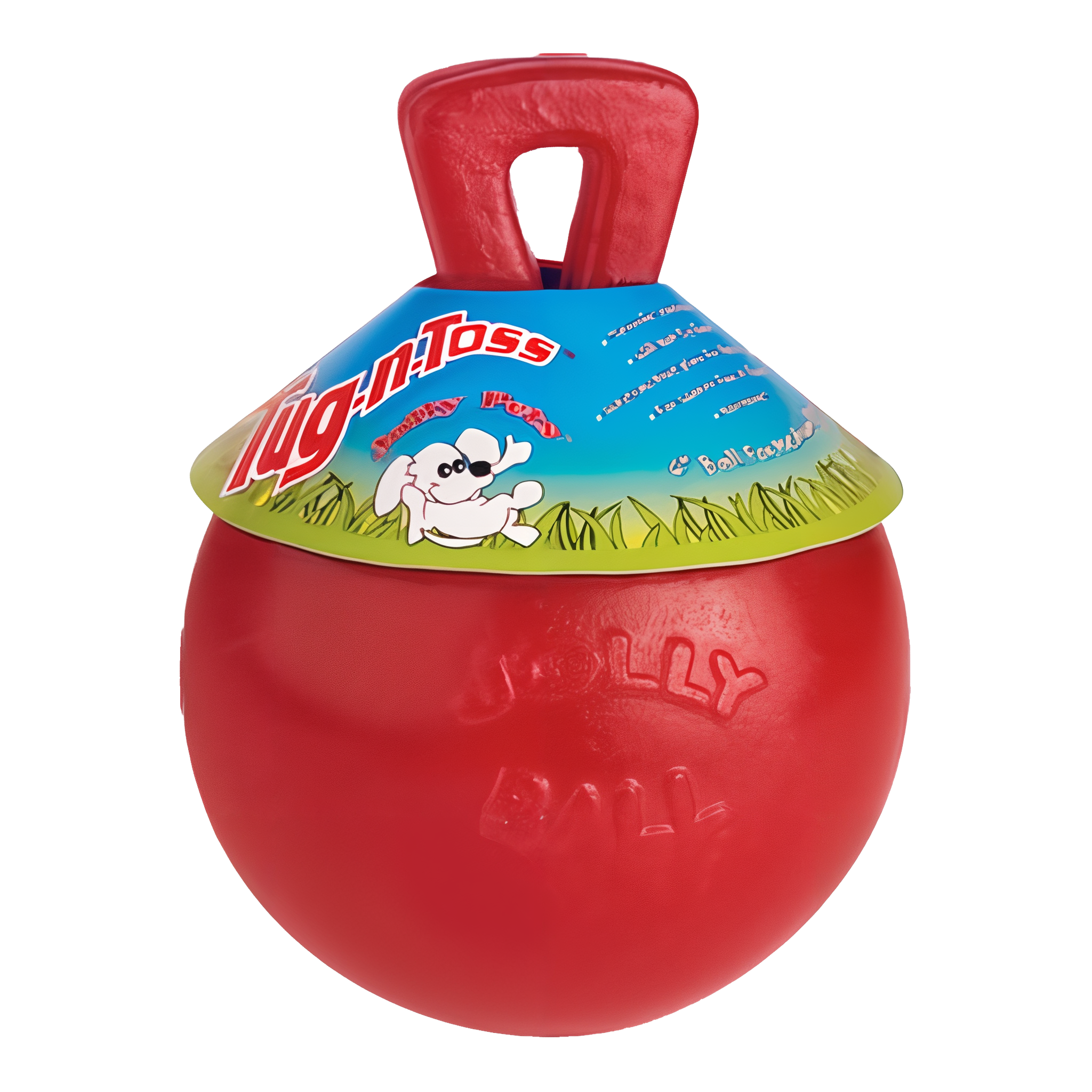 Red 6 inch Jolly Pets Tug-N-Toss rubber ball chew toy with handle. #Red#6 inch