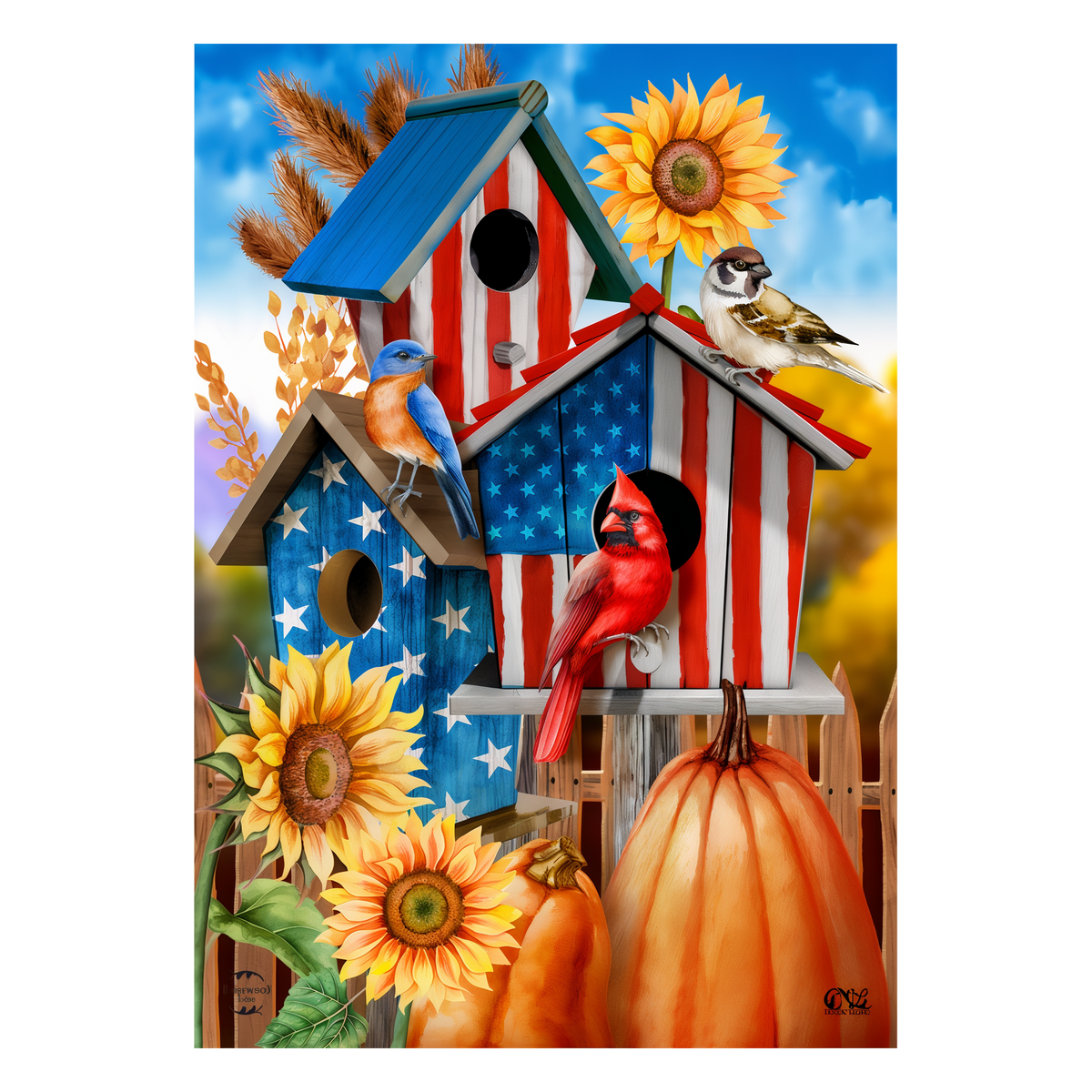 Briarwood Lane American Fall Birdhouses Garden Flag -- artwork detail view
