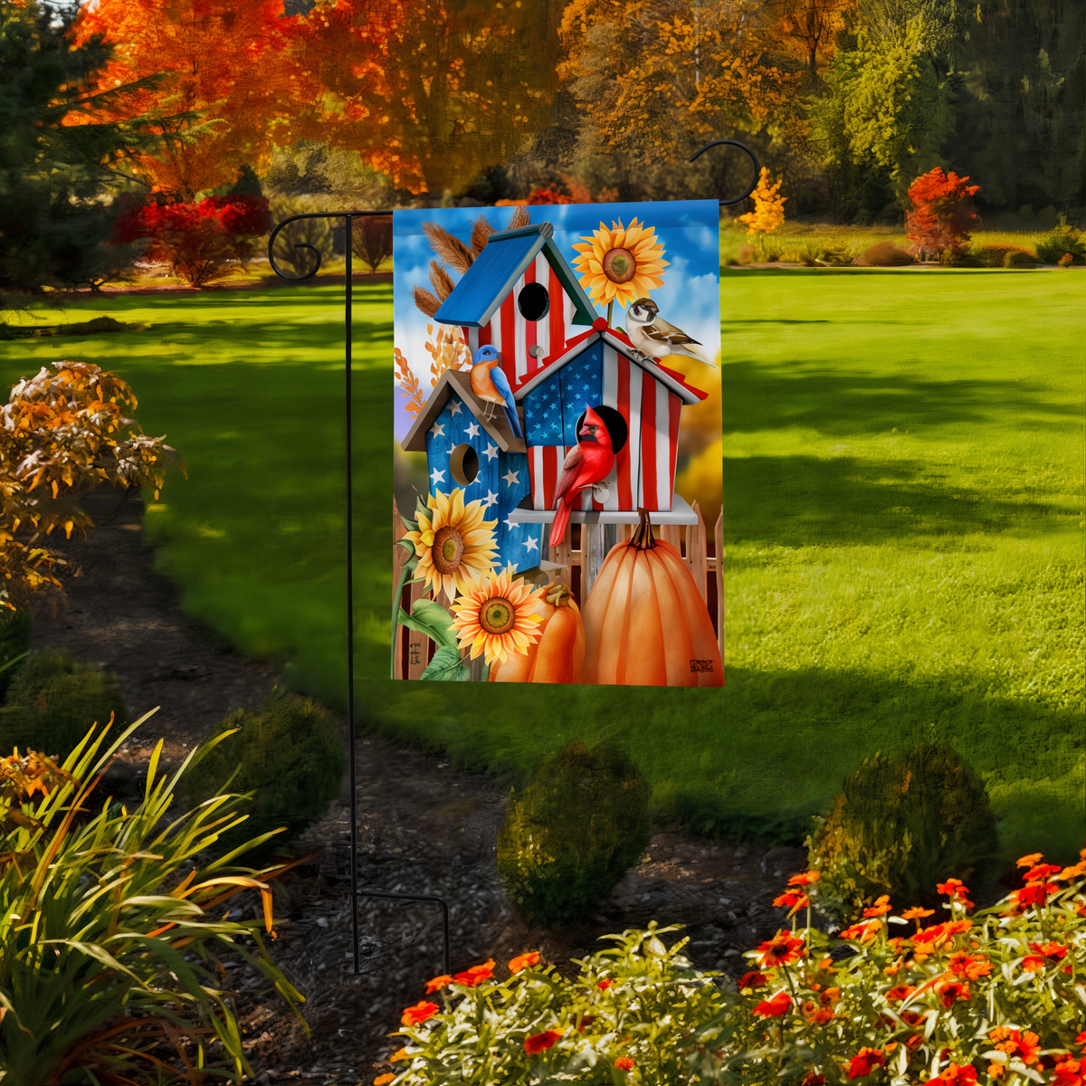 Briarwood Lane American Fall Birdhouses Garden Flag -- garden flag displayed outdoors