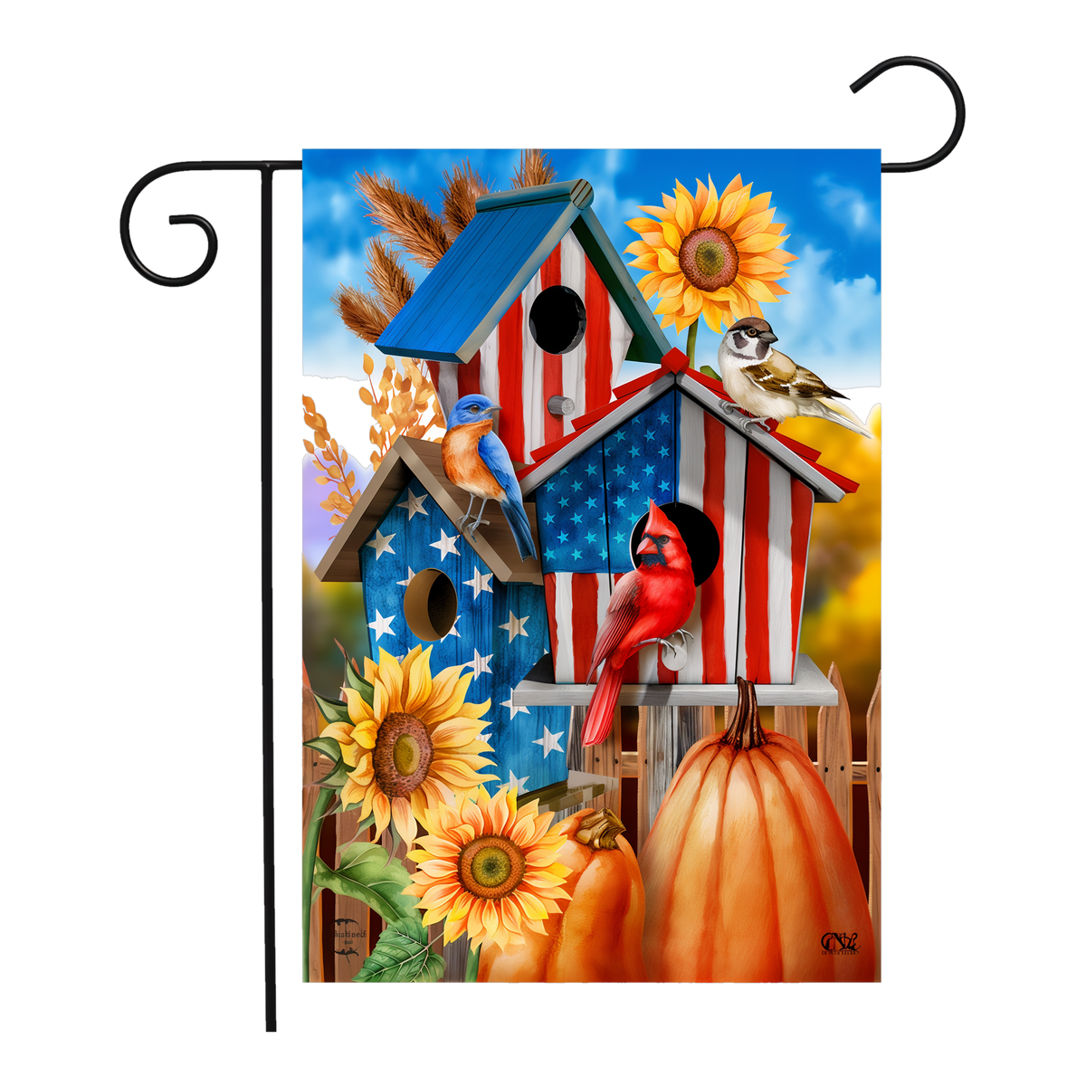 Briarwood Lane American Fall Birdhouses Garden Flag -- garden flag shown on a garden flag stand