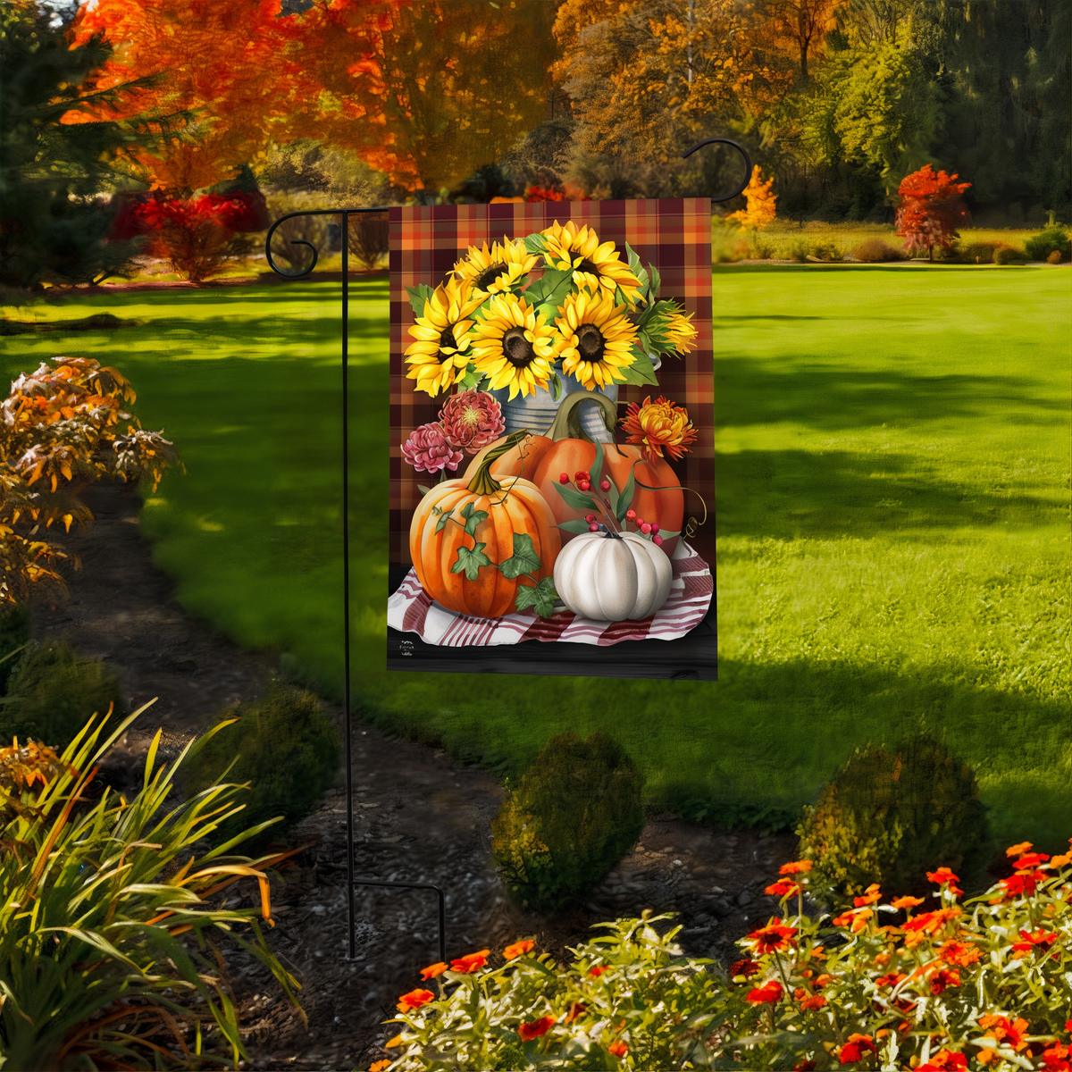 Briarwood Lane Autumn Arrangement Garden Flag -- garden flag displayed outdoors