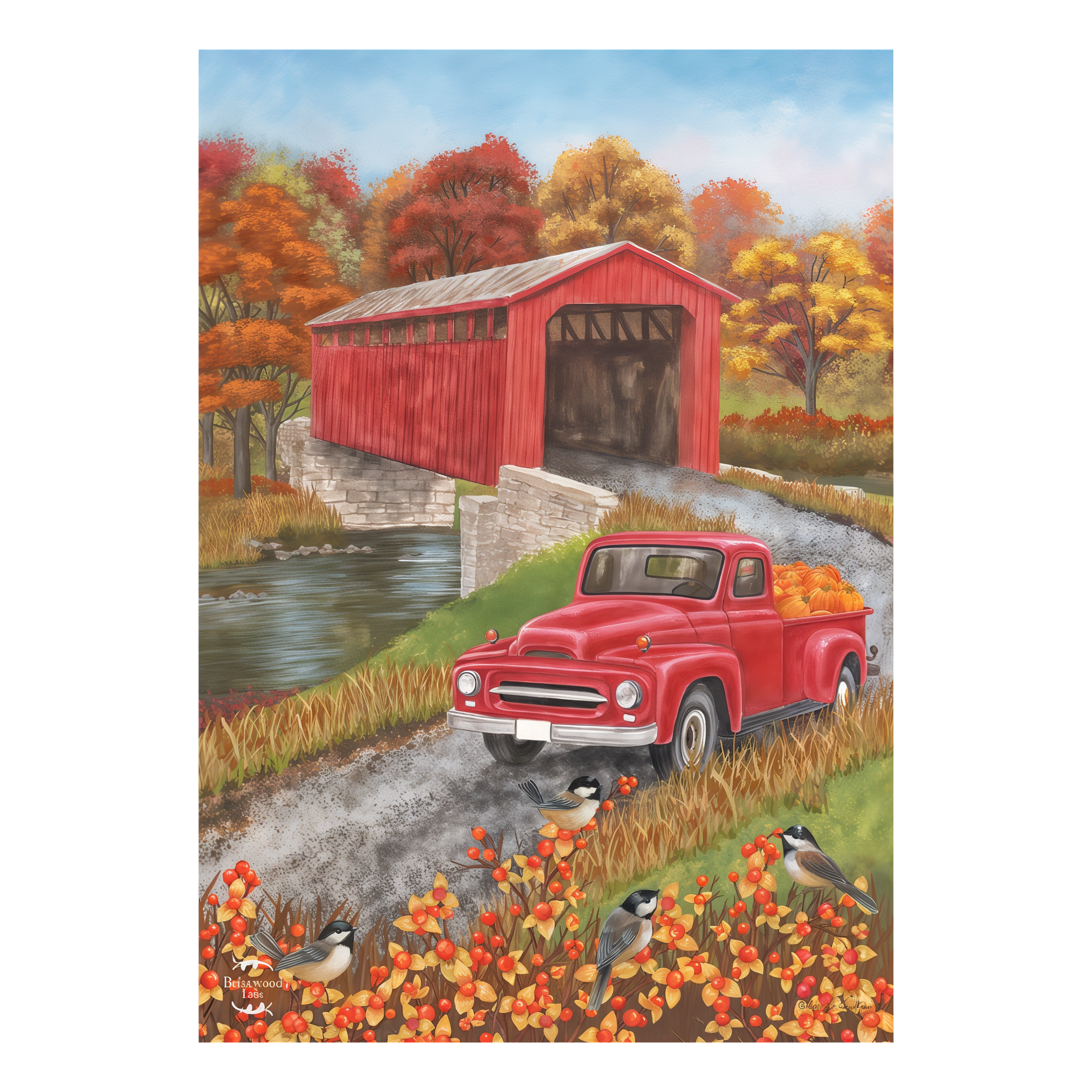 Briarwood Lane Autumn Bridge Garden Flag -- detail view