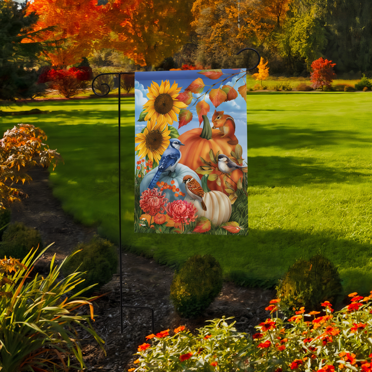 Briarwood Lane Autumn Gathering Garden Flag -- garden flag displayed outdoors