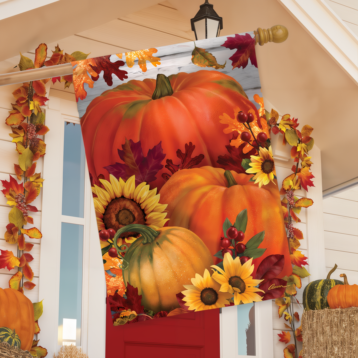 Briarwood Lane Autumn Pumpkin Trio House Flag -- house flag displayed outdoors