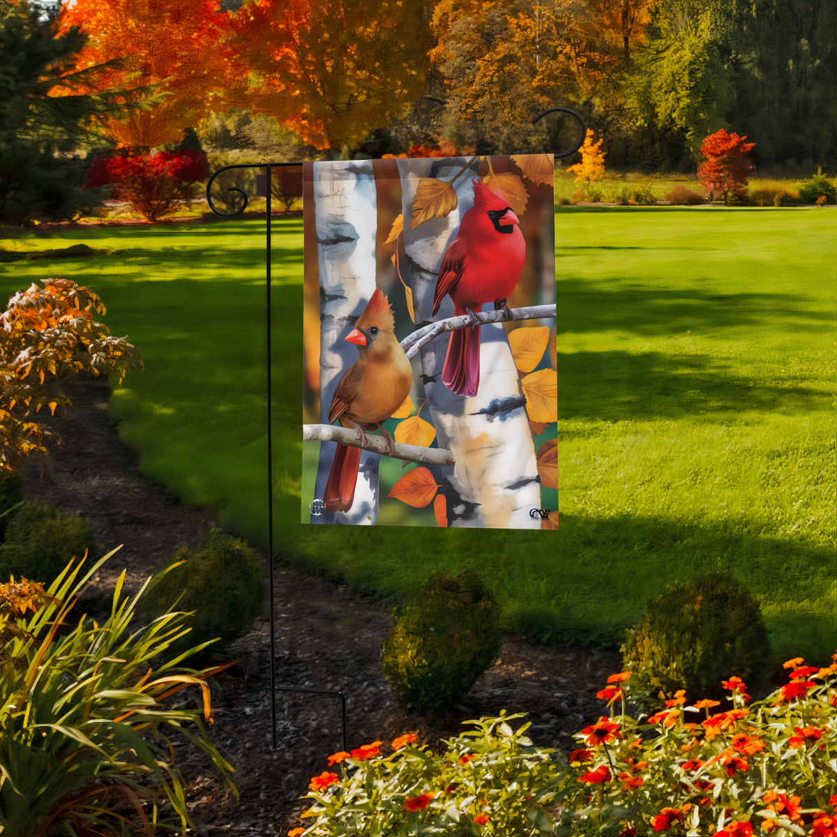 Briarwood Lane Birch Tree Cardinals Fall Garden Flag -- garden flag displayed outdoors