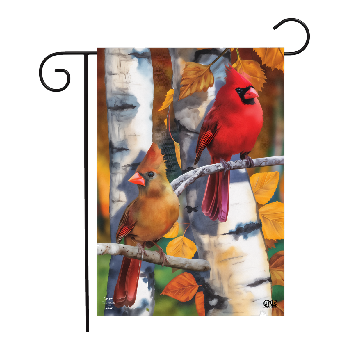 Briarwood Lane Birch Tree Cardinals Fall Garden Flag -- garden flag shown on a garden flag stand
