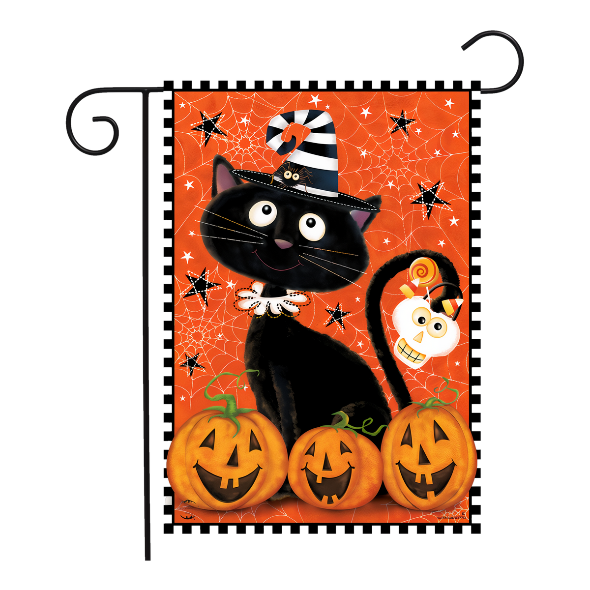 Briarwood Lane Black Kitty Halloween Flag Garden Flag -- garden flag shown on a garden flag stand