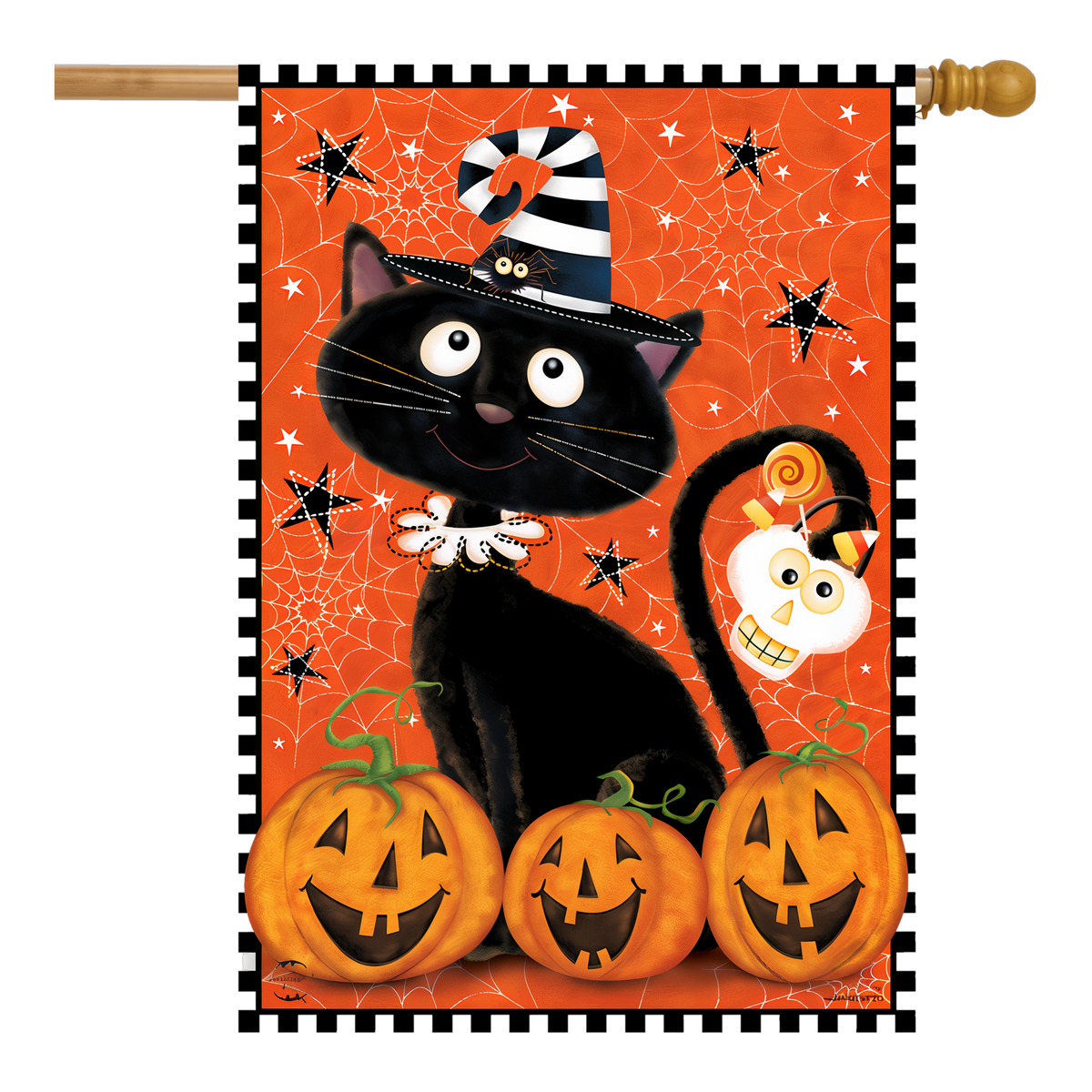 Briarwood Lane Black Kitty Halloween Flag House Flag -- house flag shown on a house flag pole