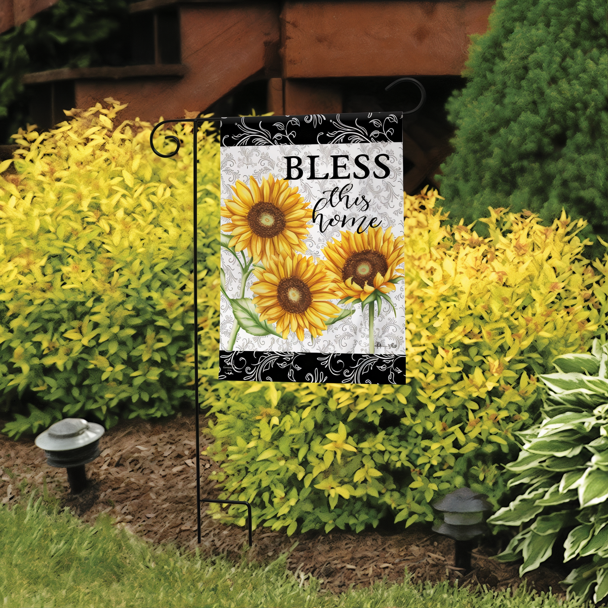 Briarwood Lane Bless This Home Sunflowers Summer Garden Flag -- garden flag displayed outdoors