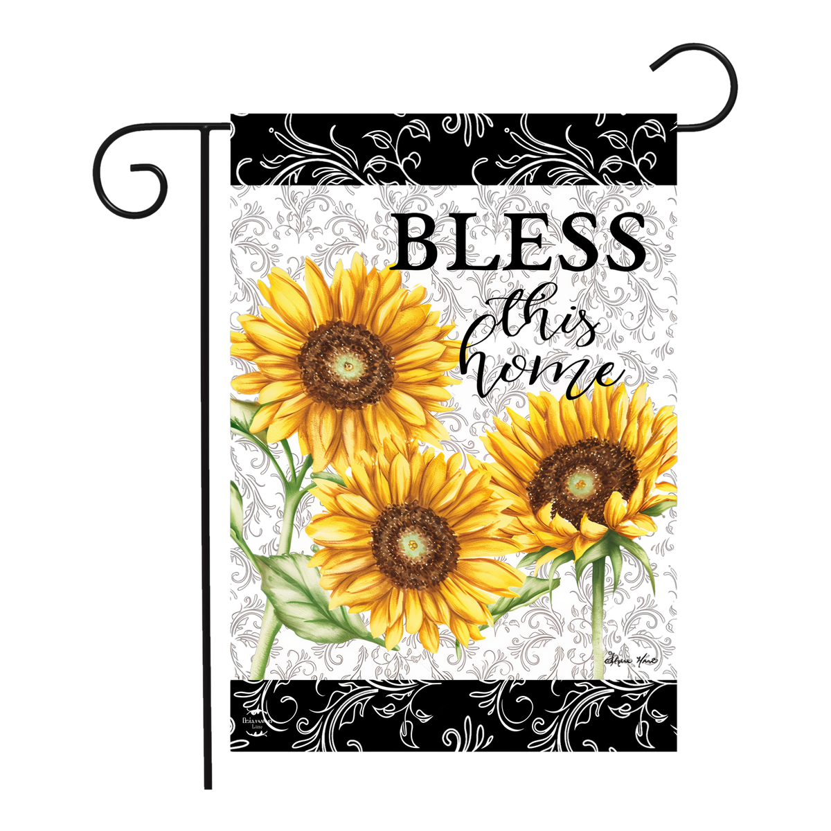 Briarwood Lane Bless This Home Sunflowers Summer Garden Flag -- garden flag shown on a garden flag stand
