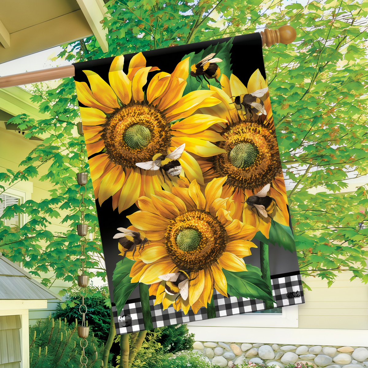 Briarwood Lane Buzzing Sunflowers House Flag -- house flag displayed outdoors