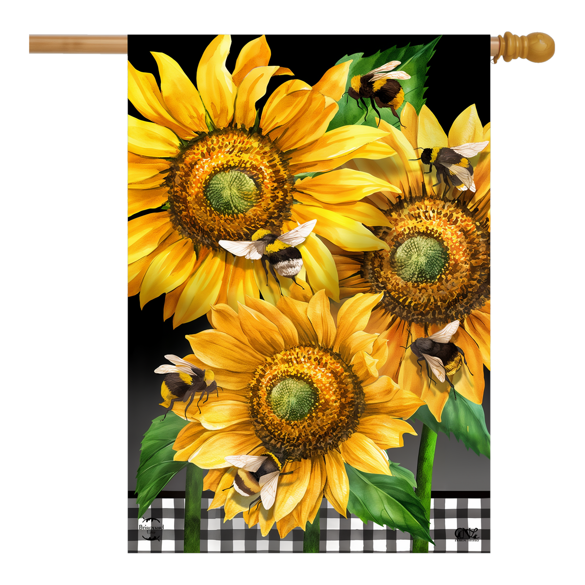 Briarwood Lane Buzzing Sunflowers House Flag -- house flag shown on a house flag pole