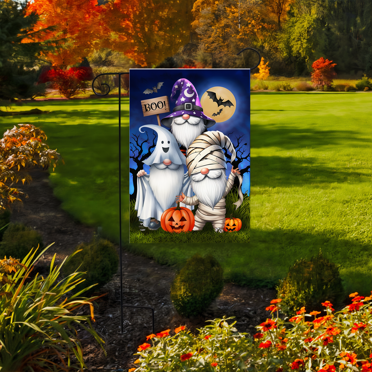 Briarwood Lane Costumed Gnomes Garden Flag -- garden flag displayed outdoors