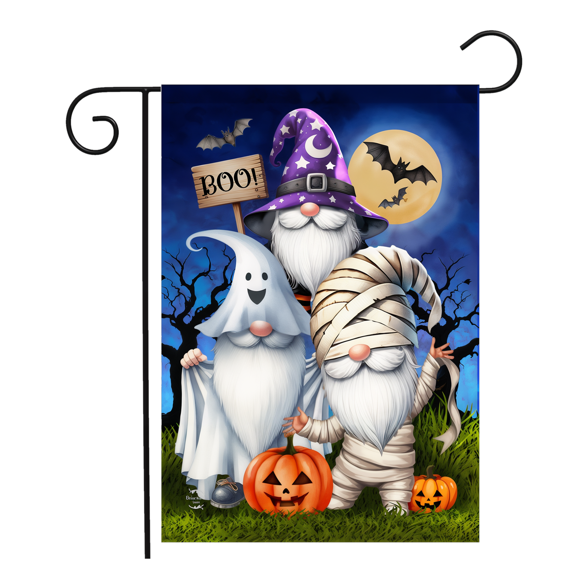 Briarwood Lane Costumed Gnomes Garden Flag -- garden flag shown on a garden flag stand