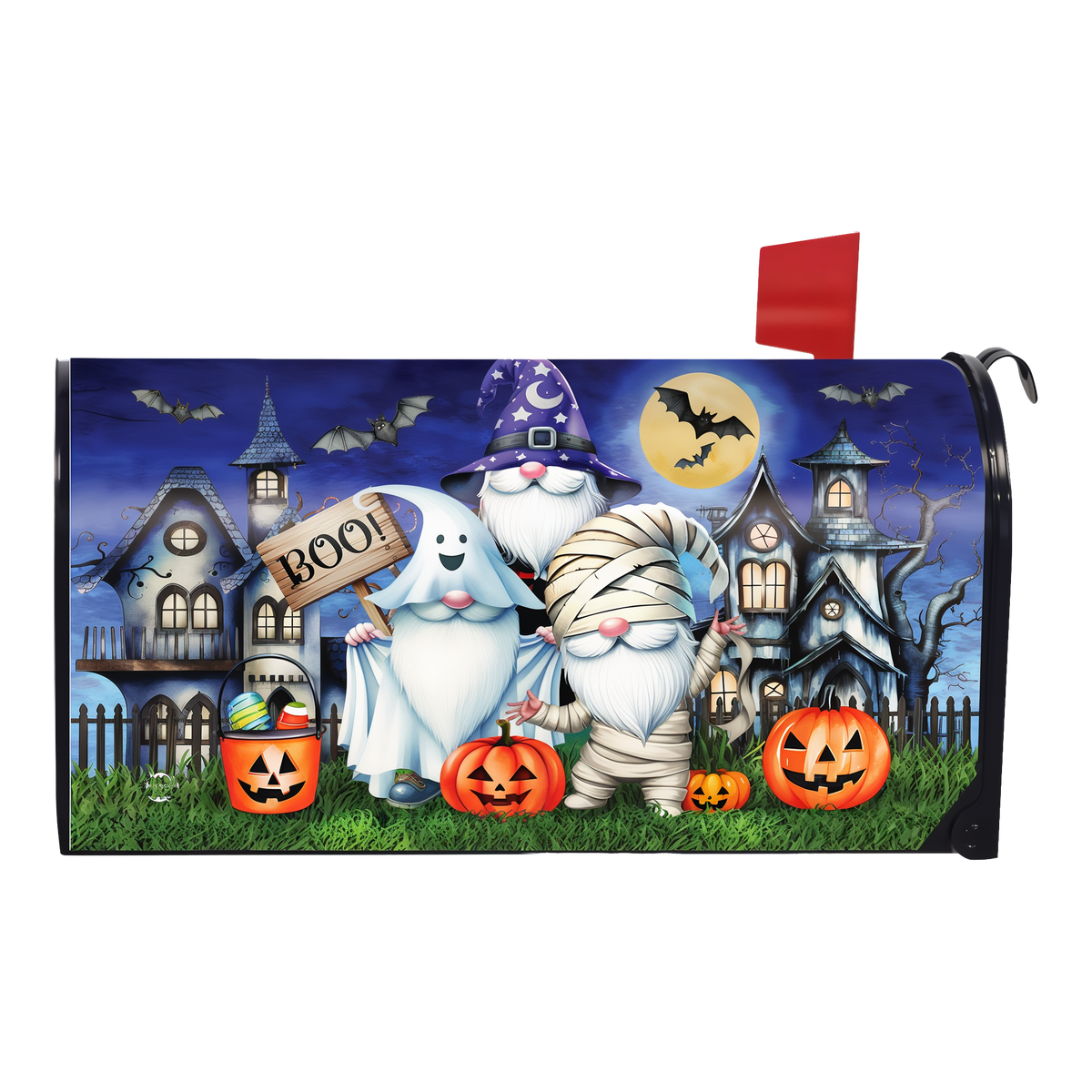 Briarwood Lane Costumed Gnomes Mailbox Cover -- magnetic mailbox cover shown on a standard steel mailbox