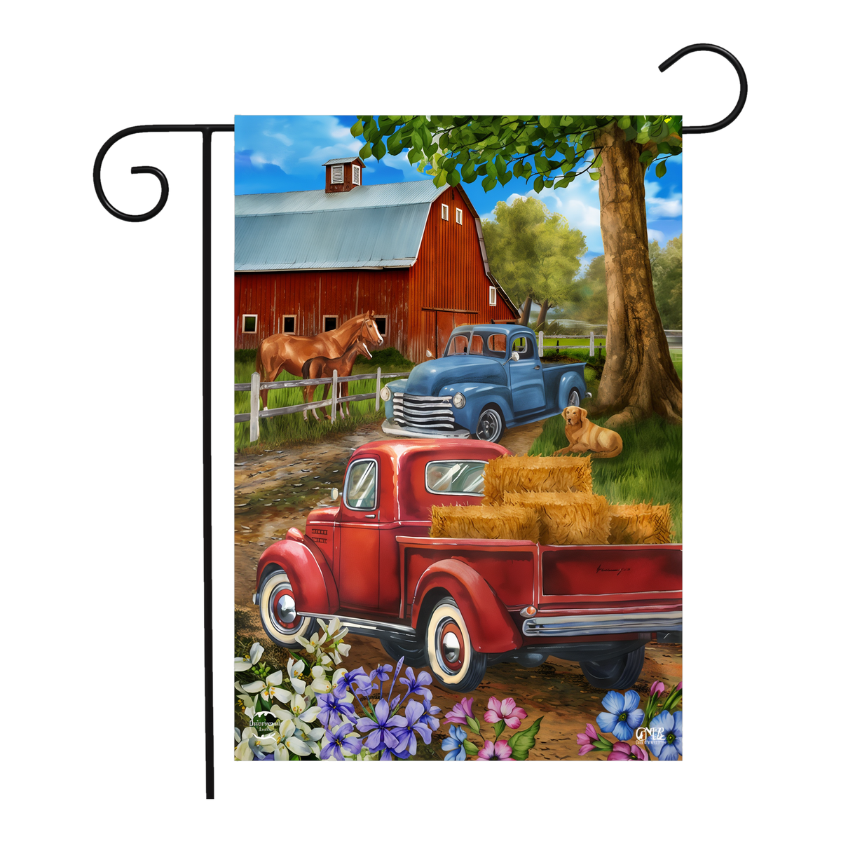 Briarwood Lane Country Lane Spring Garden Flag -- garden flag shown on a garden flag stand