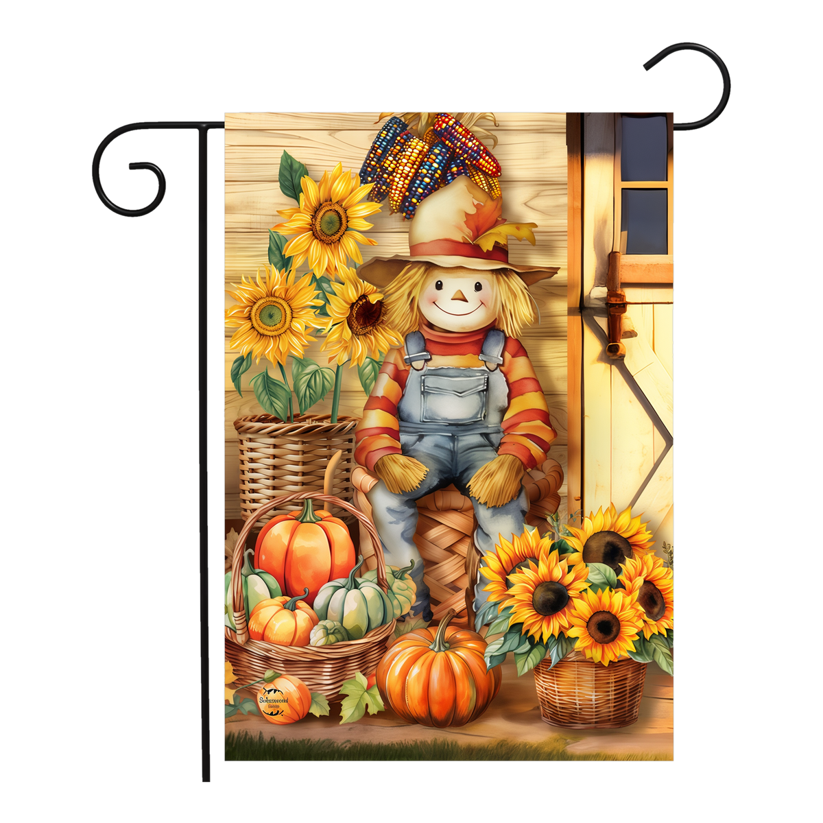 Briarwood Lane Country Scarecrow Garden Flag -- garden flag shown on a garden flag stand