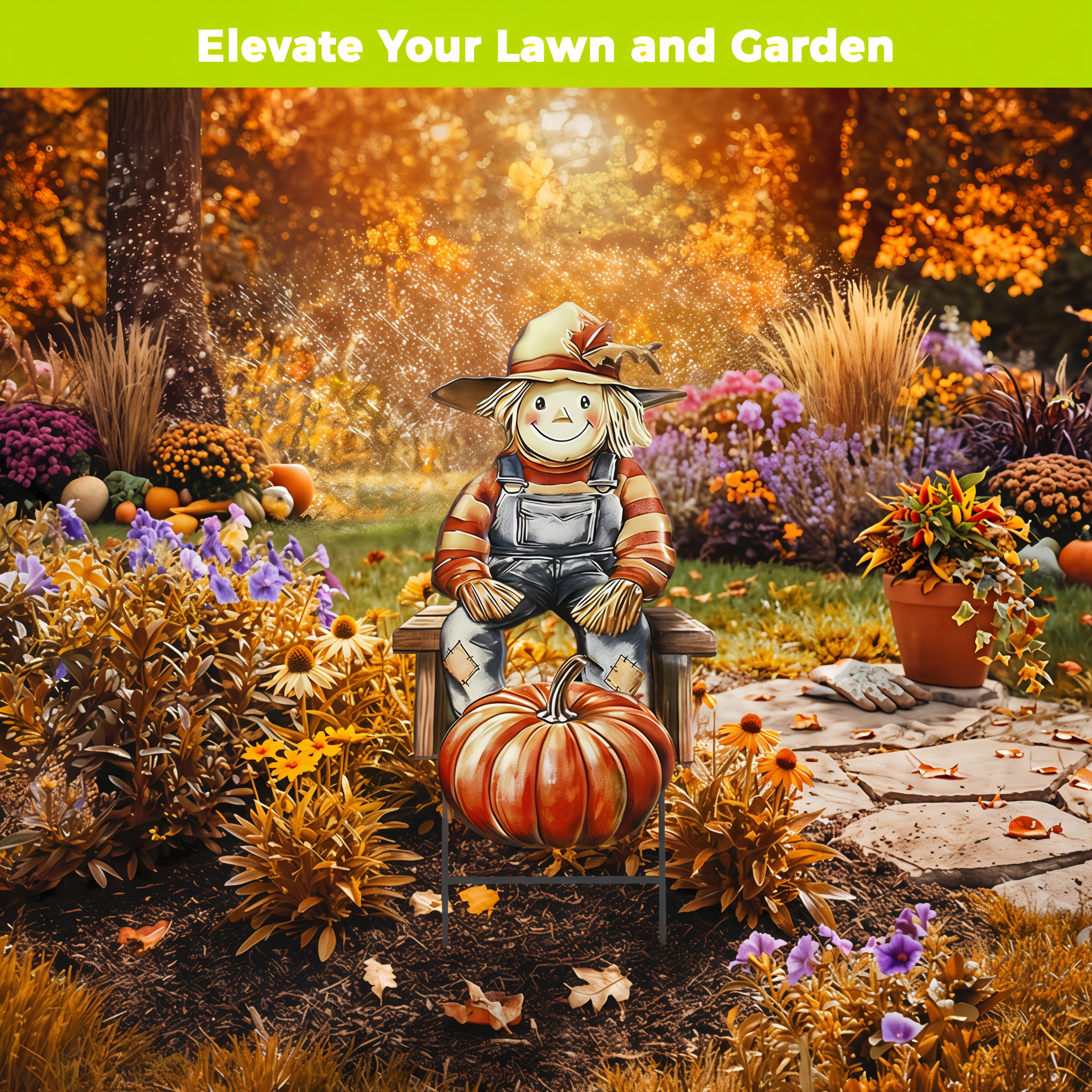 Briarwood Lane Country Scarecrow metal yard art displayed in an autumn garden