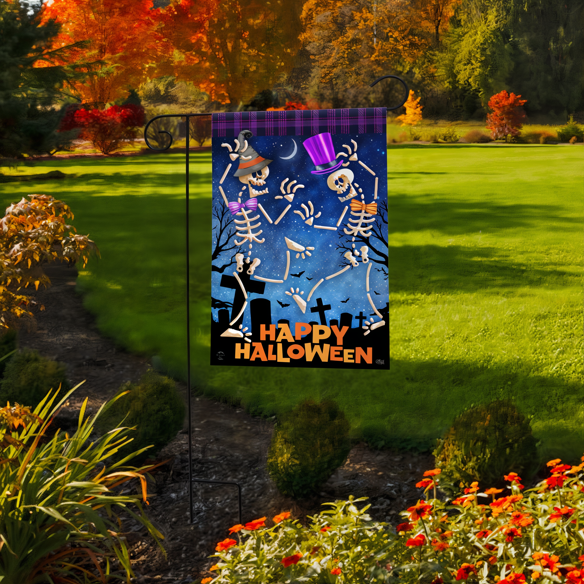 Briarwood Lane Dancing Skeletons Halloween Garden Flag -- detail view
