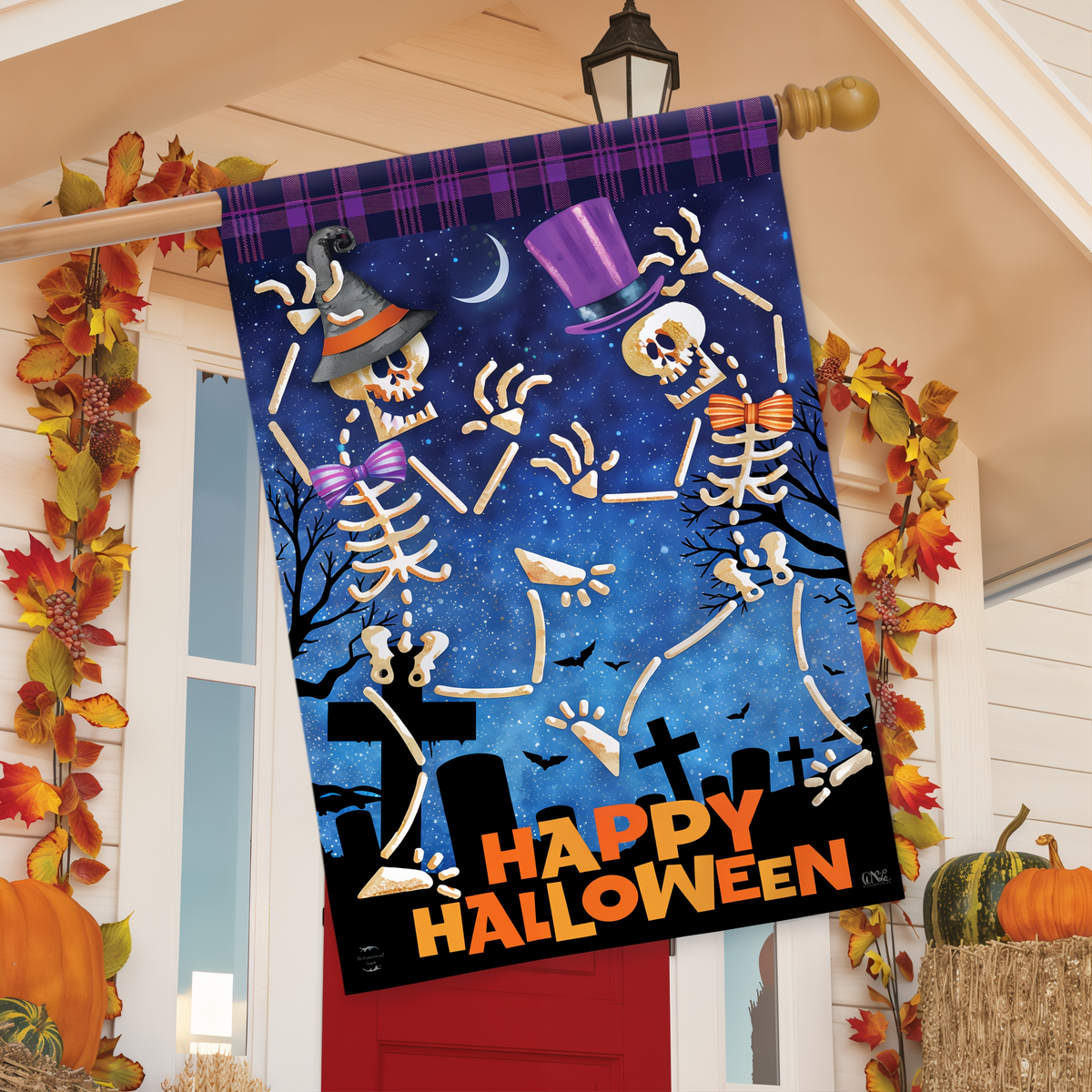 Briarwood Lane Dancing Skeletons Halloween Flag House Flag -- house flag displayed outdoors
